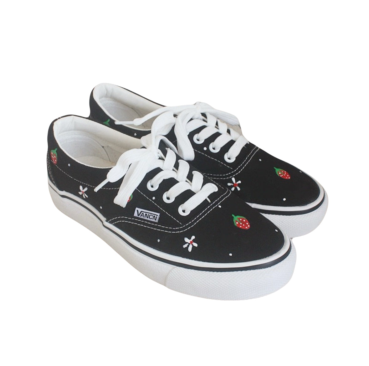Black canvas sneakers with strawberries and flowers doodles cute canvas shoes