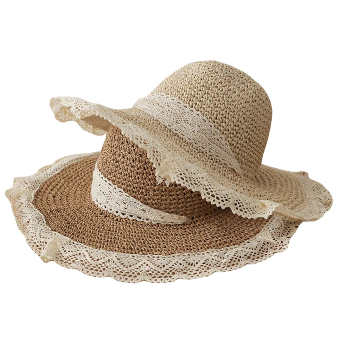 French Style Lace Trim Straw Sun Hat for Women Wide Brim Summer Beach Hat with Bow Floppy Paper Straw Fisherman Cap