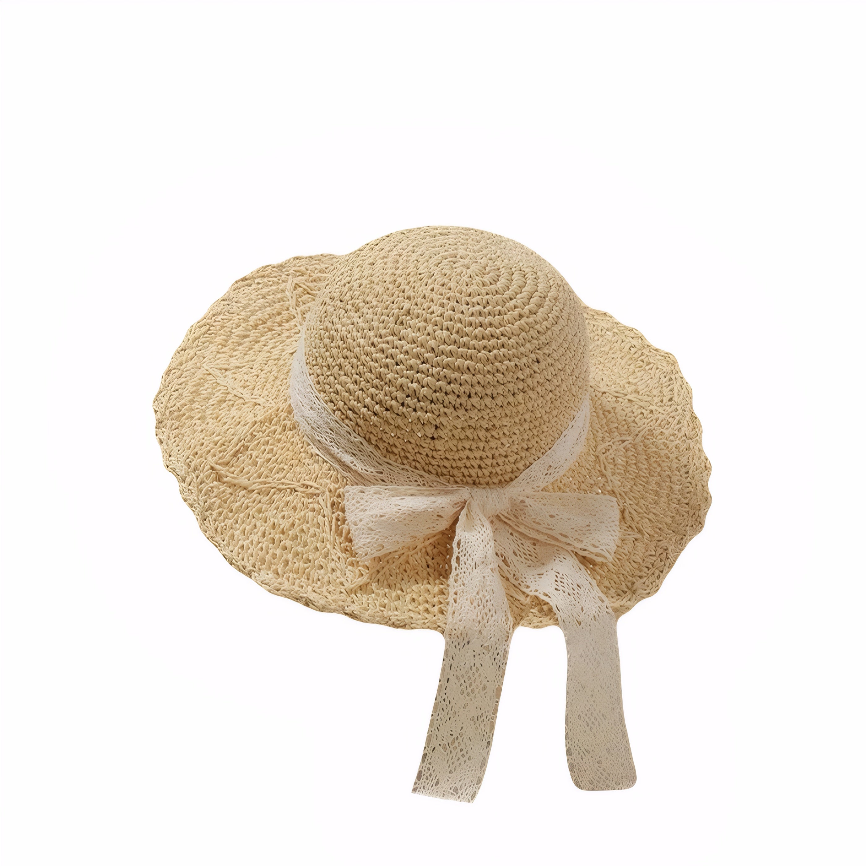 Cute Japanese-style straw sun hat with lace bow and wide brim