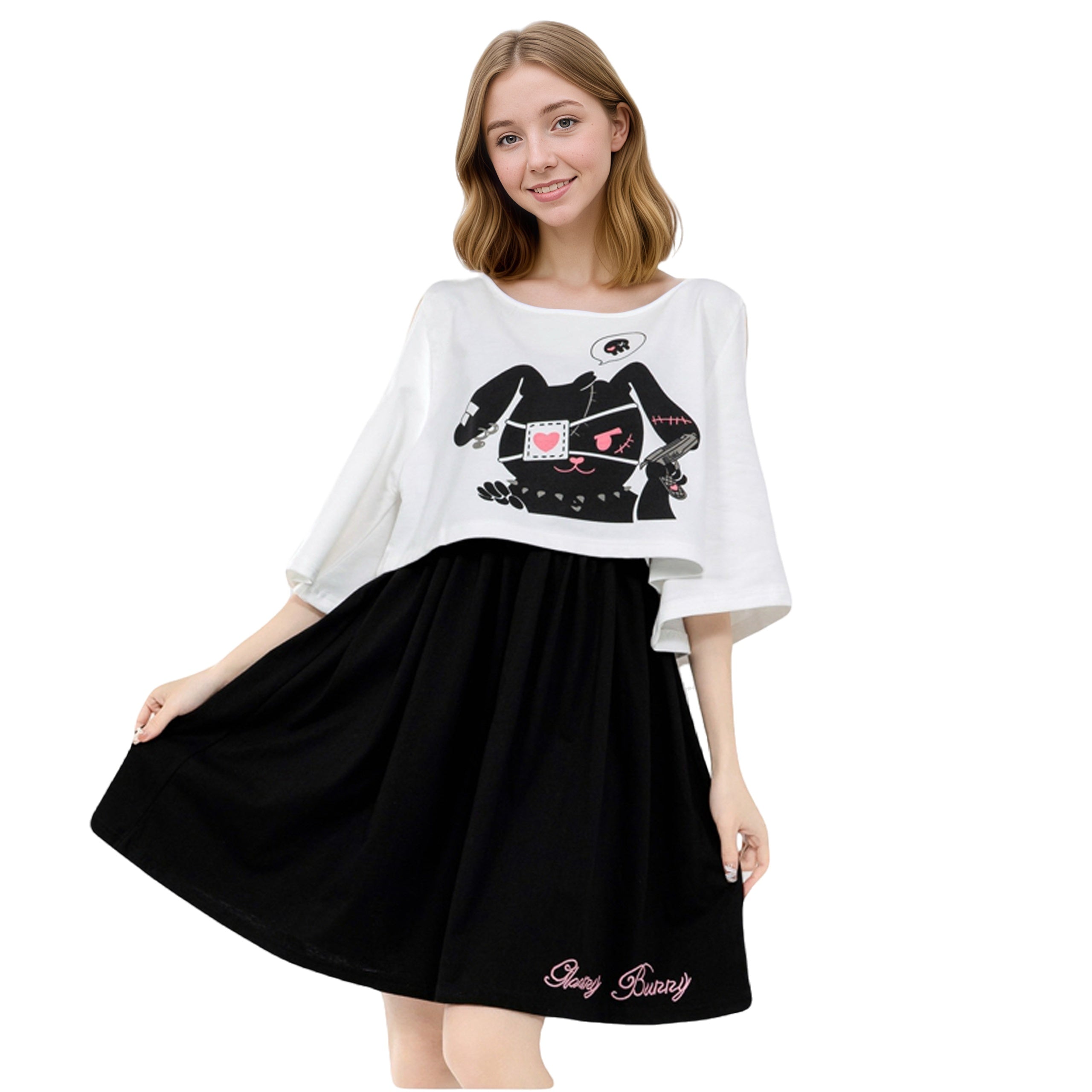 Kawaii two-piece dress set with printed gloomy bunny tee and layered black spaghetti strap dress