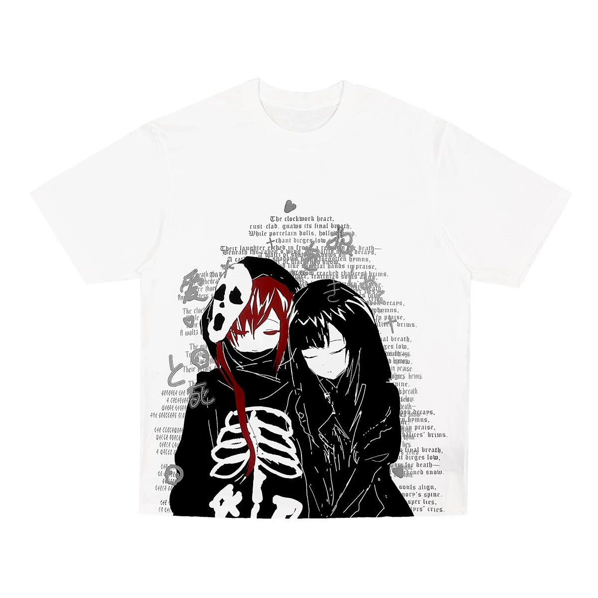 Gothic couple anime t-shirt with red and black skeleton design harajuku t-shirt, yami kawaii shirt