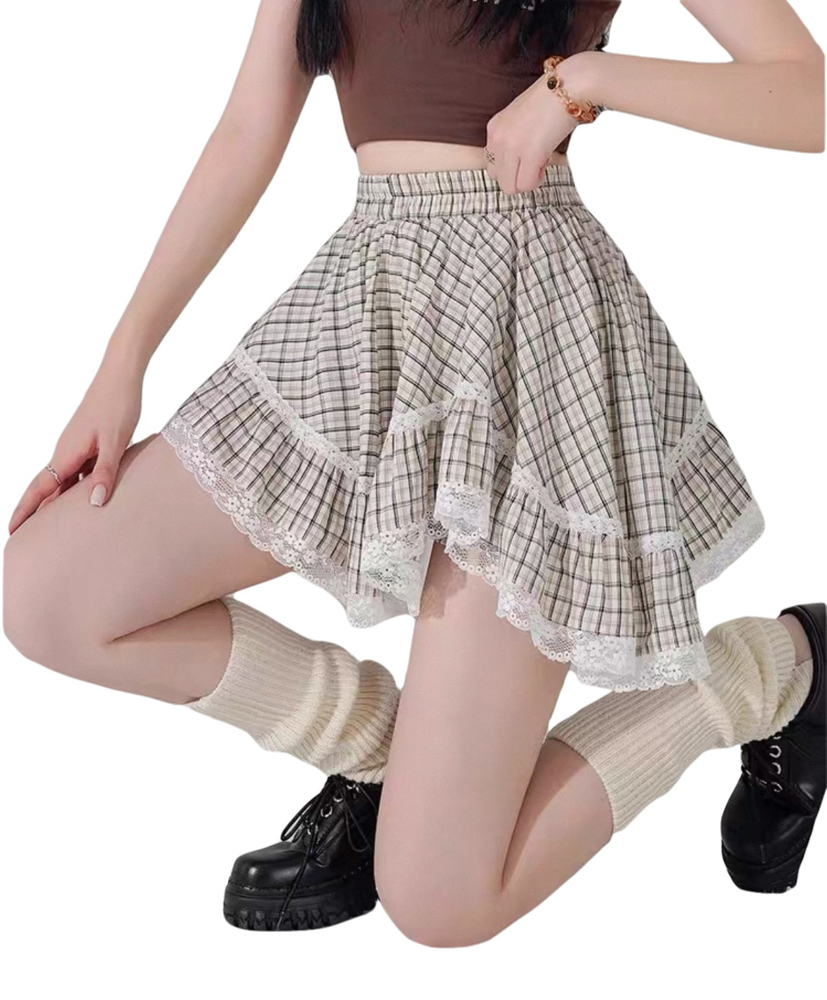 Y2K Plaid Mini Skirt Shorts for Women High Waist Ruffle Hem Lace Trim Skirt Pants with Built-in Safety Shorts