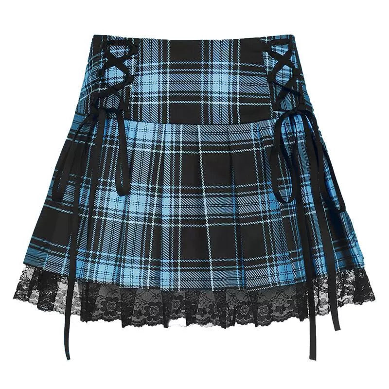 Harajuku Gothic Lace Trim Plaid Pleated Skirt with Side Lace-Up High Waist Punk JK Mini Skirt