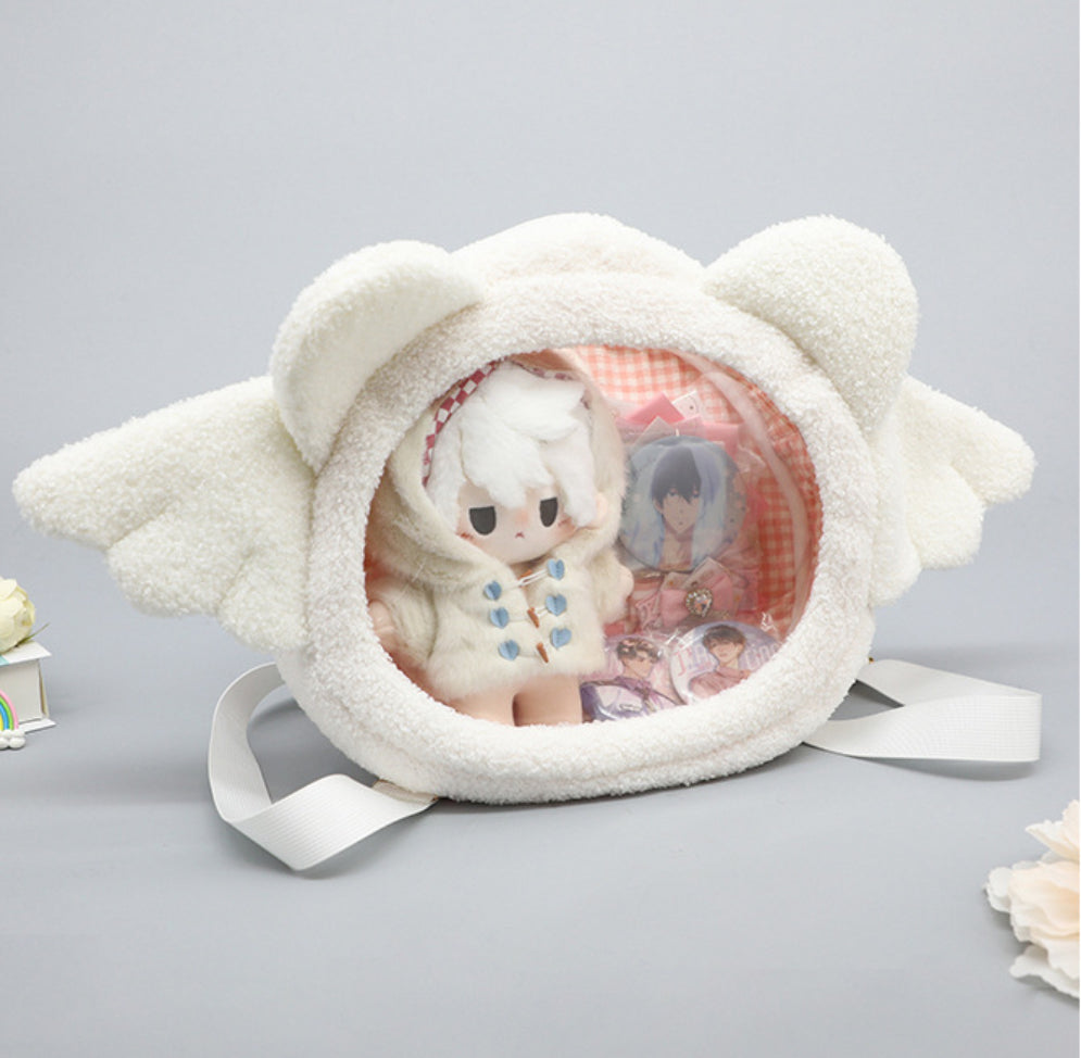Cute Fuzzy Ita Backpack with Wings or Devil Horns Clear PVC Display Bag for Anime Streetwear Girls