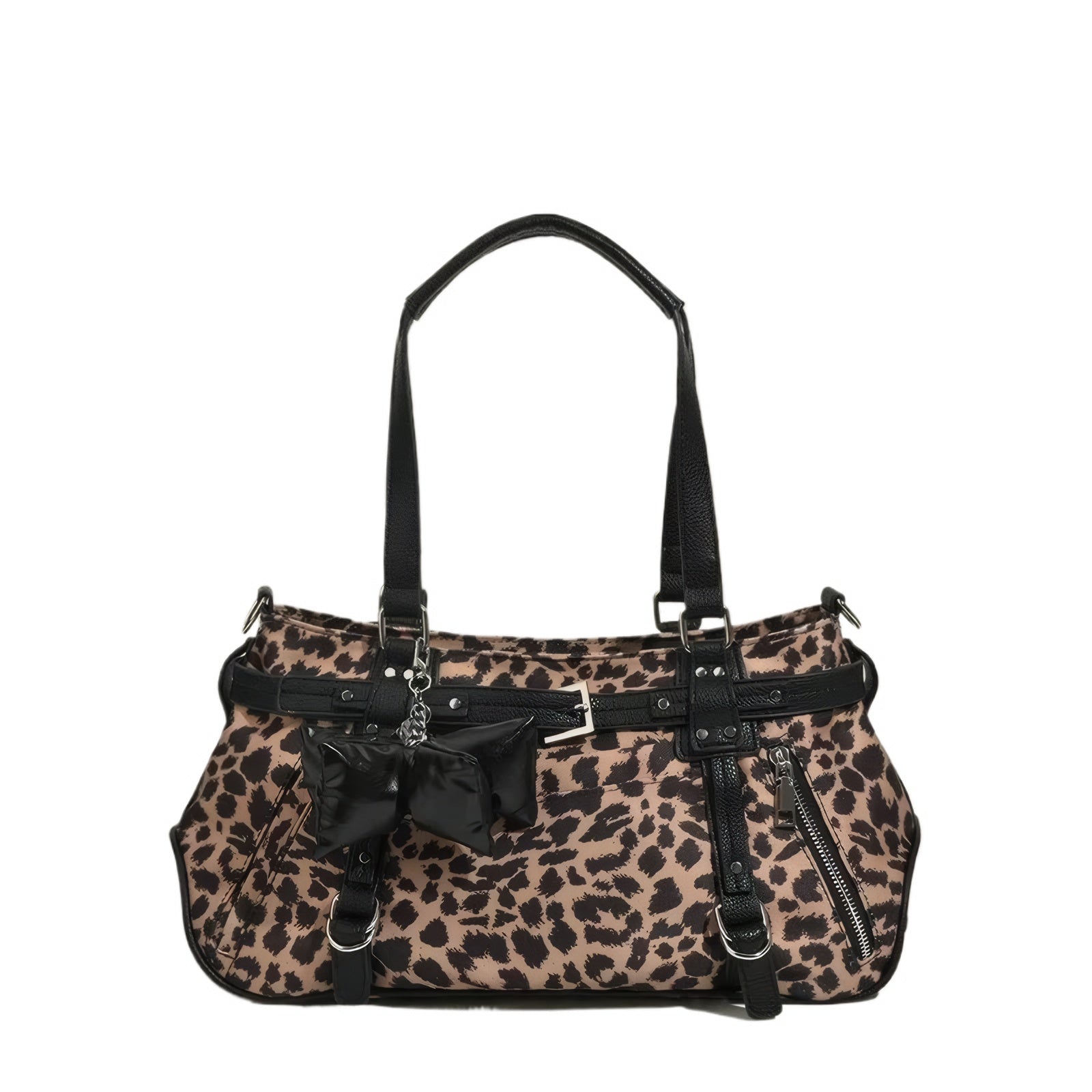 Leopard Print Punk Shoulder Bag with Bow Charm and Adjustable Straps