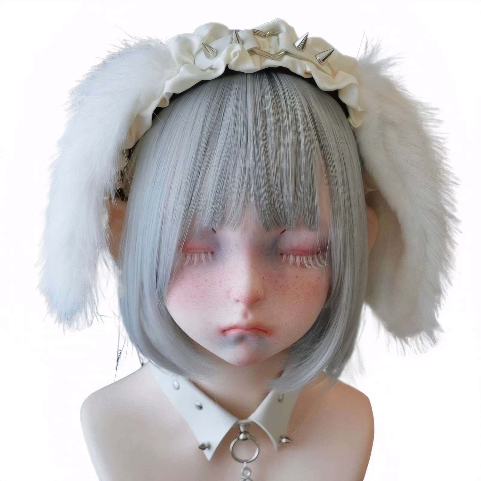 White plush bunny ears headband with spikes and ruffled PU leather, kawaii gothic lolita style
