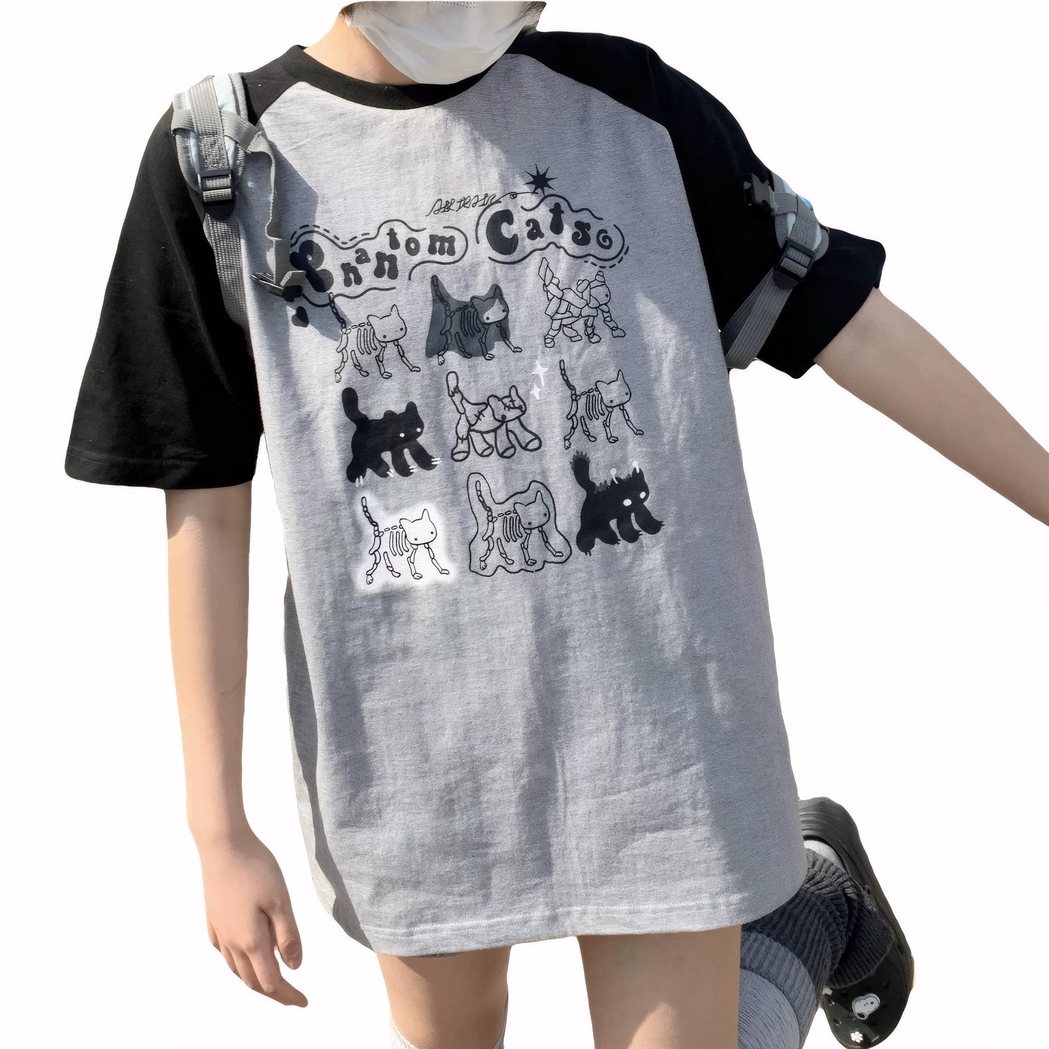 Oversized gothic cat print T-shirt with raglan sleeves in gray and black