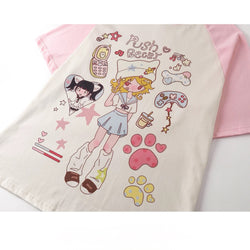 Yami Kawaii Push Beeb Graphic Tee Pastel Harajuku Loose T-Shirt for Girls Patchwork Tops