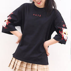 Kawaii Fox Print T-Shirt with Back Lace-Up Japanese Style Loose Half Sleeve Tee for Women