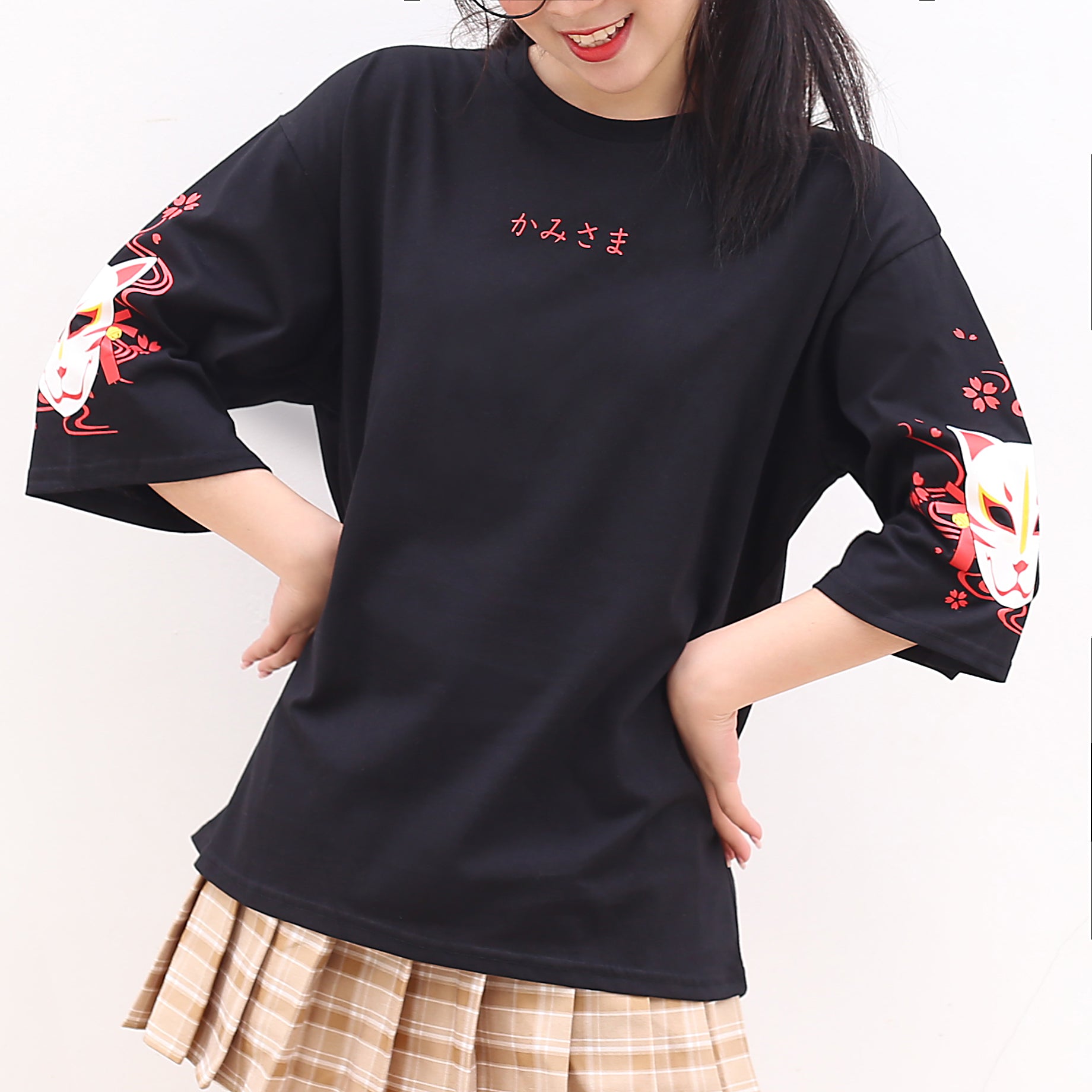 Kawaii Fox Print T-Shirt with Back Lace-Up Japanese Style Loose Half Sleeve Tee for Women