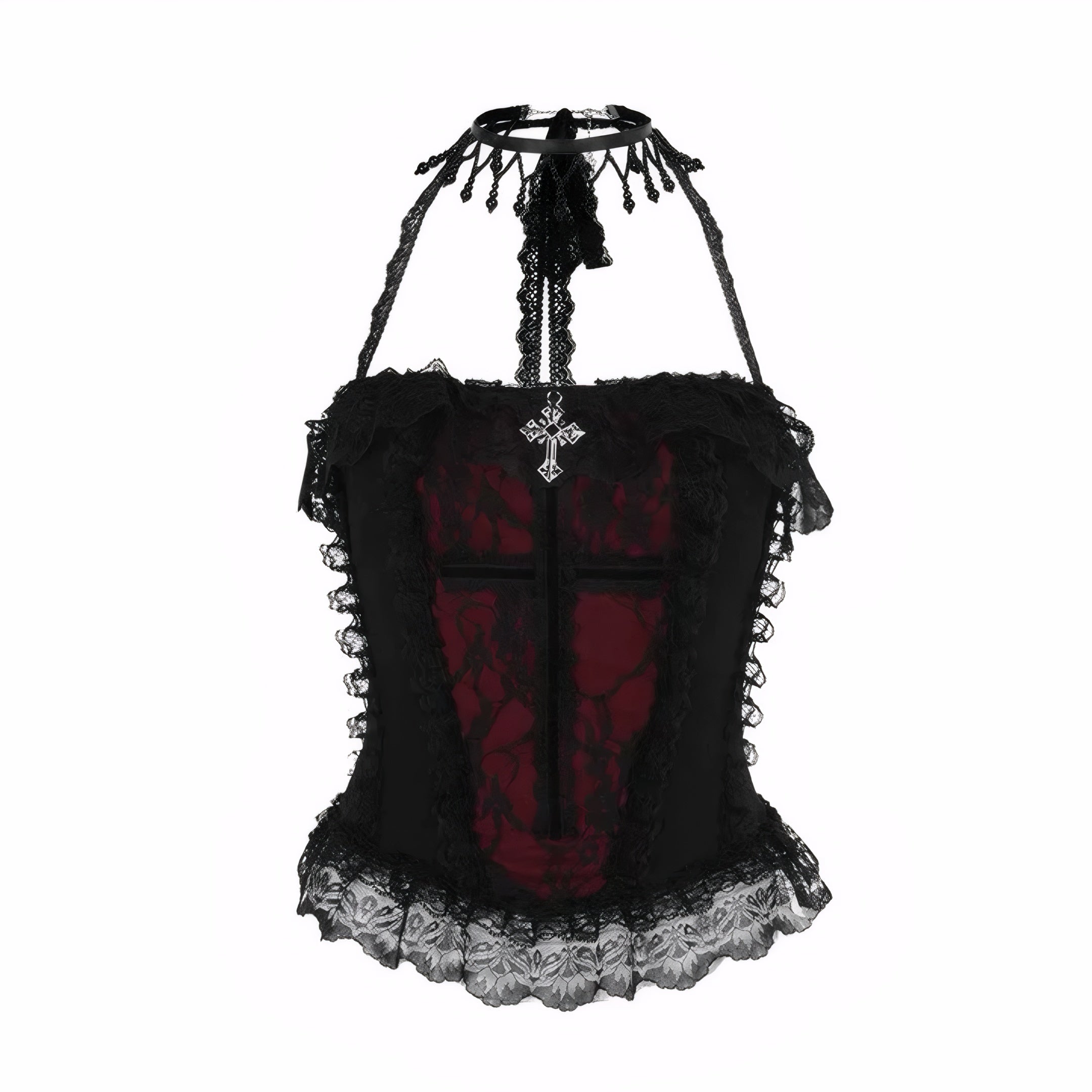 Gothic red and black halter top with lace trim and cross pendant