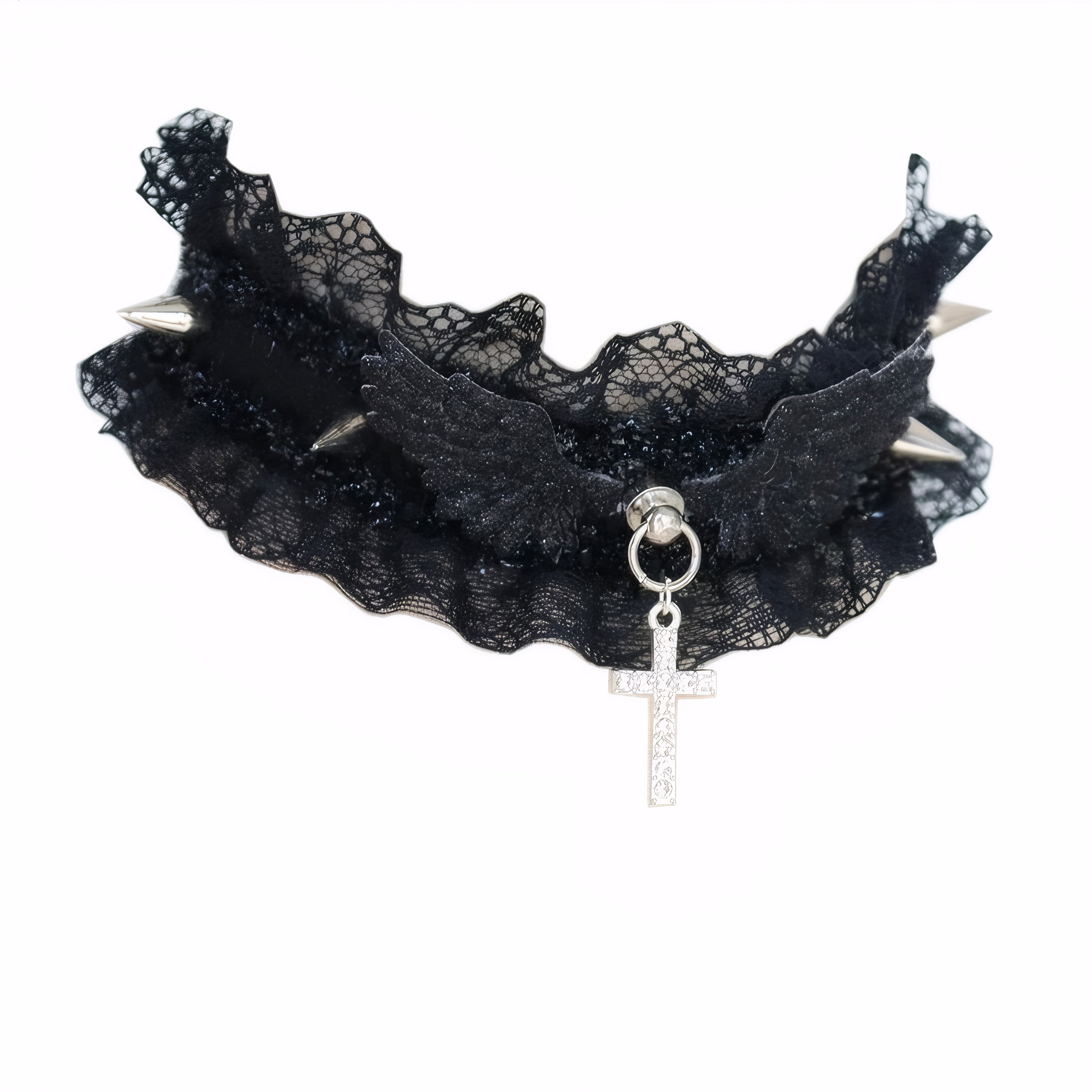 Black Gothic lace choker with angel wings, cross charm and spikes