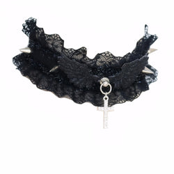 Black Gothic lace choker with angel wings, cross charm and spikes