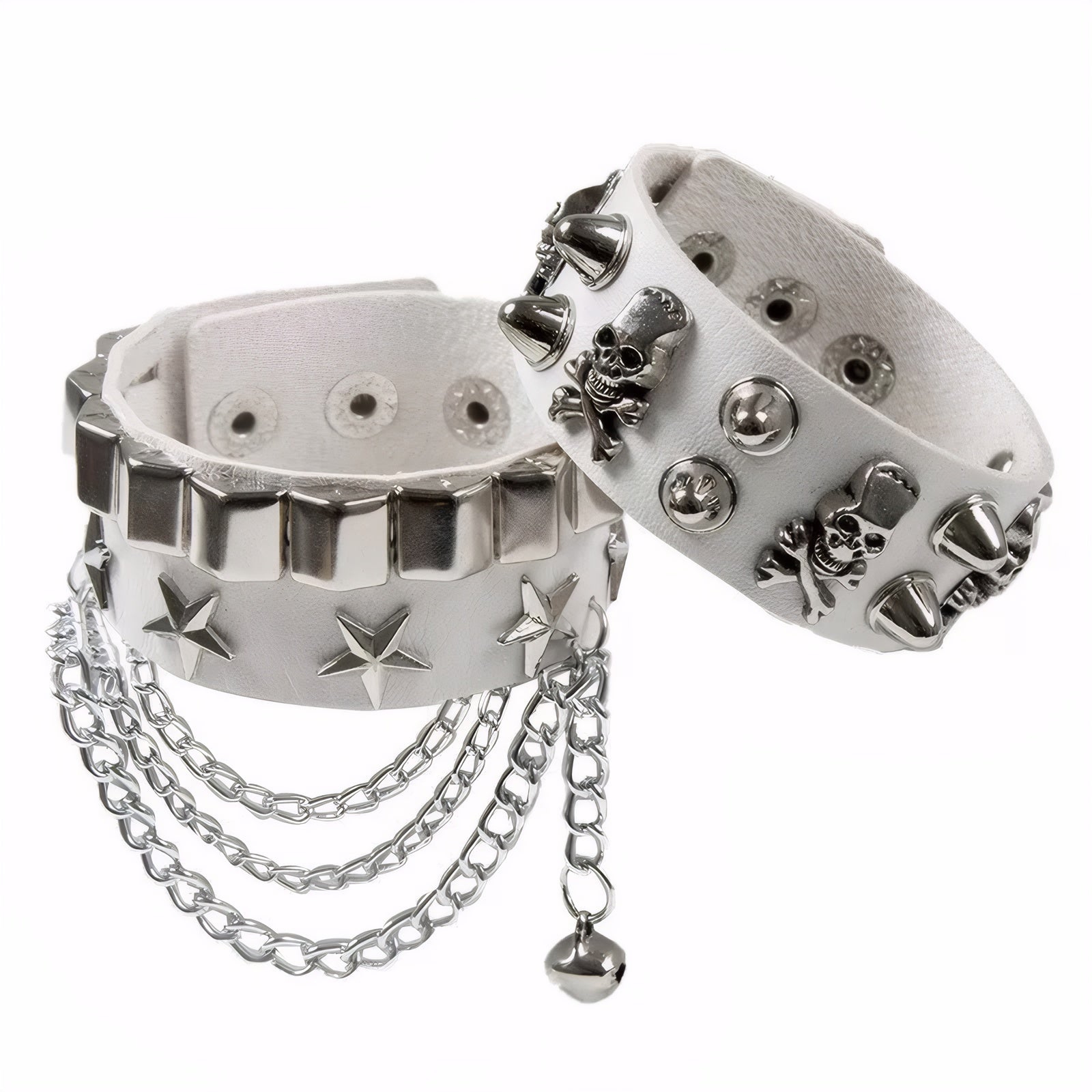 Silver Punk Gothic Leather Bracelet with Studs and Skull Rivets chain cuff, emo jewelry star rivet bracelet adjustable punk bangle