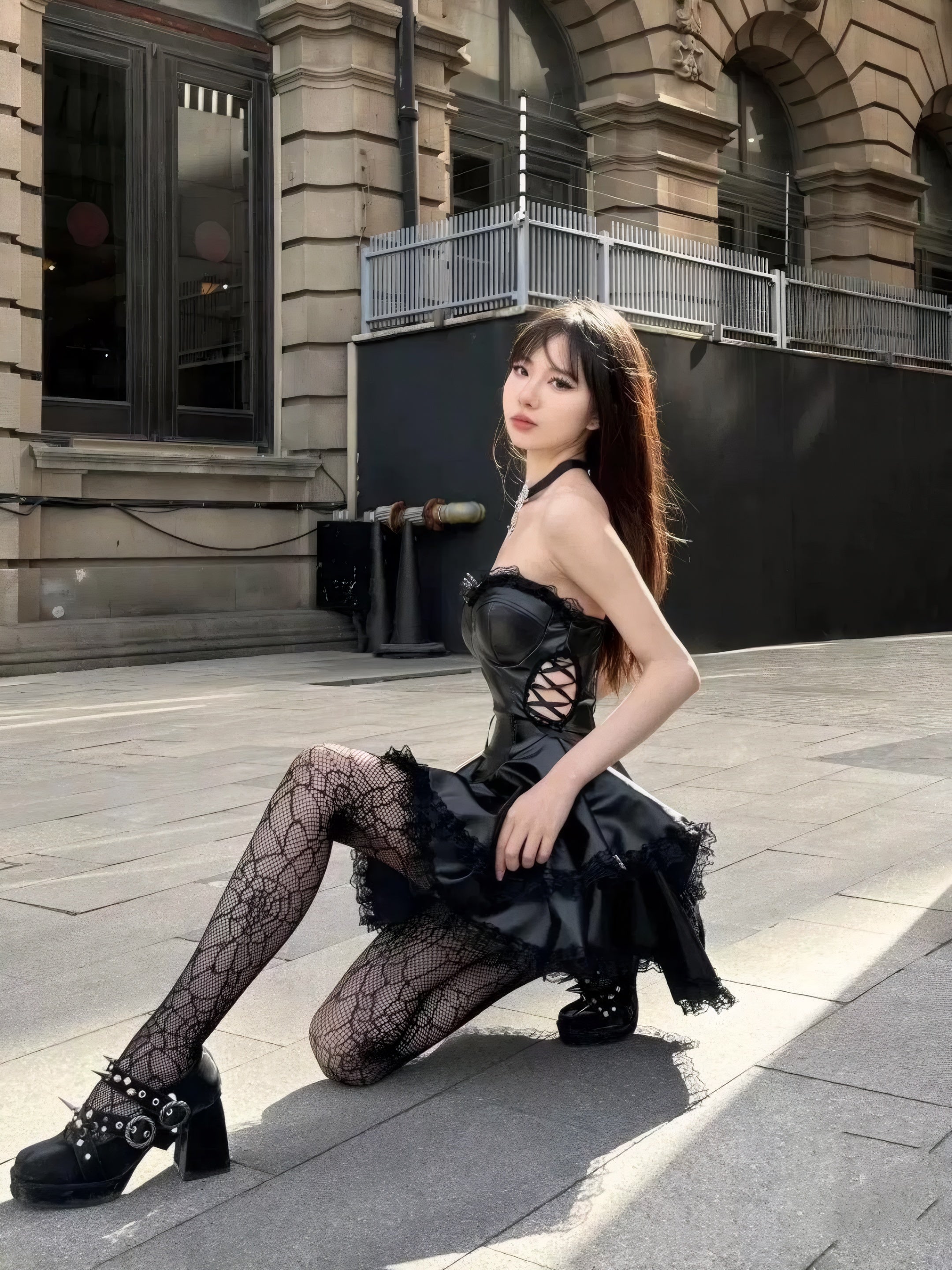 Gothic Black Faux Leather Strapless Dress with Lace-Up Waist Lace Trim Alt Girl Corset Skater Dress