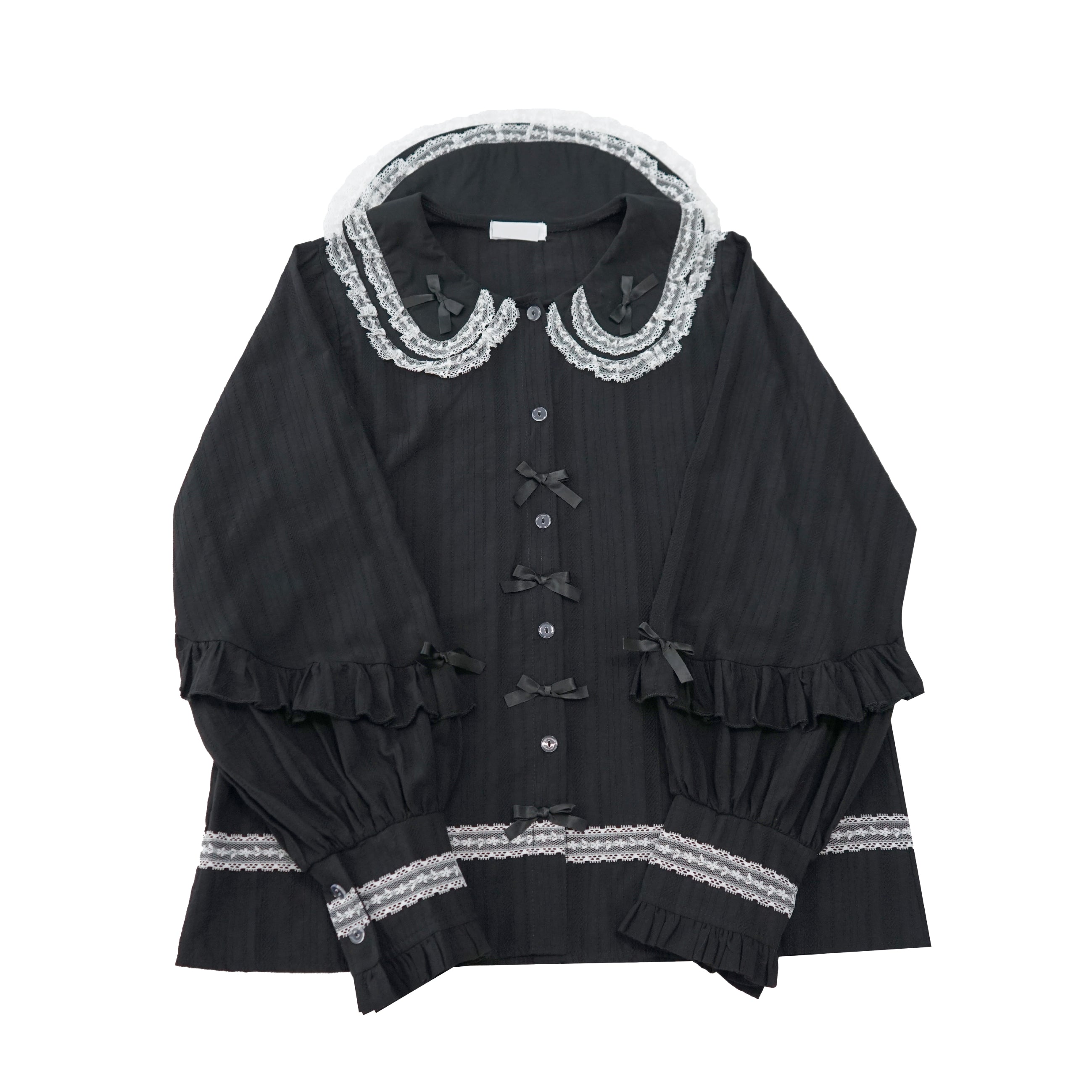 Black Lolita-style blouse with lace collar, ribbon bows, and ruffle sleeves vintage lace blouse sweet lolita top