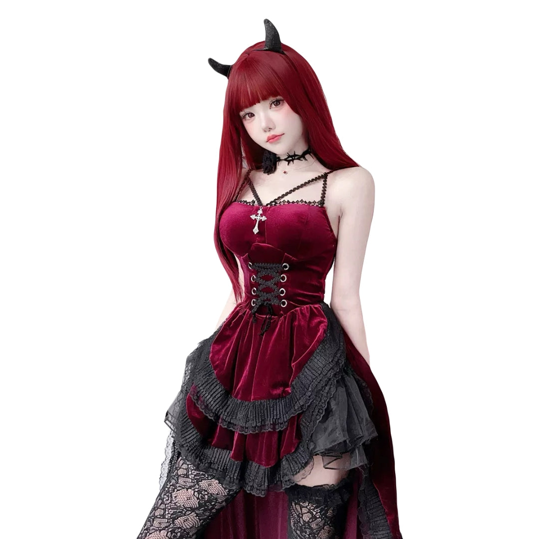 Rear view of red vampire gown with black wings and dramatic trailing skirt.stage performance dress emo witch outfit