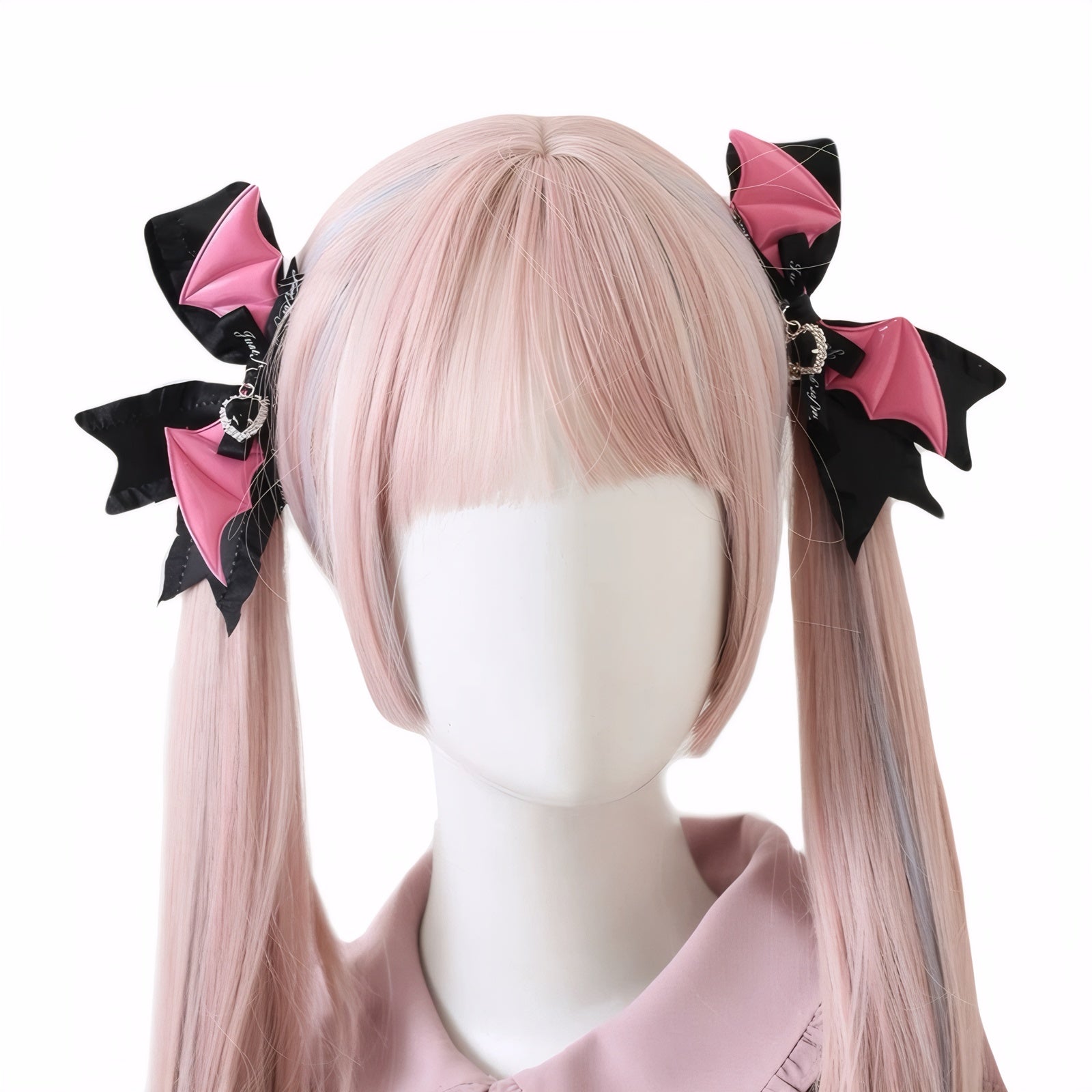 Pink and black gothic wing hair clips with heart chain charm lolita cosplay hair clips, goth twin hair bow set