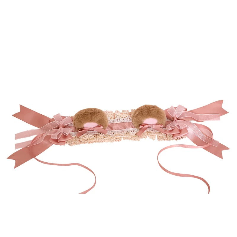 Cute Lolita Bear Ears Lace Headband Kawaii Bow Plush Animal Ear Headdress for Girls Cosplay