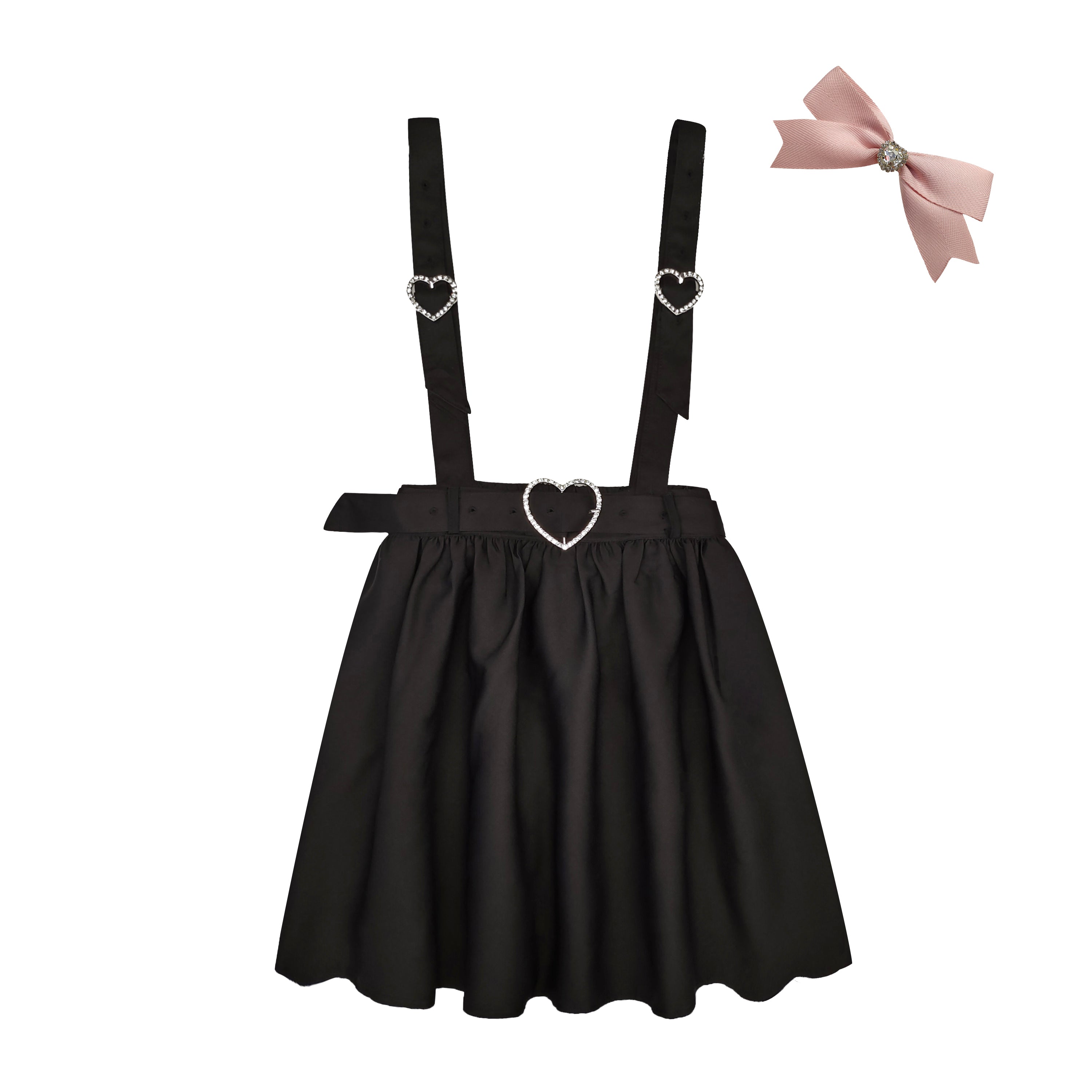 Kawaii black pleated suspender skirt with rhinestone heart buckles and matching pink bow hairclip