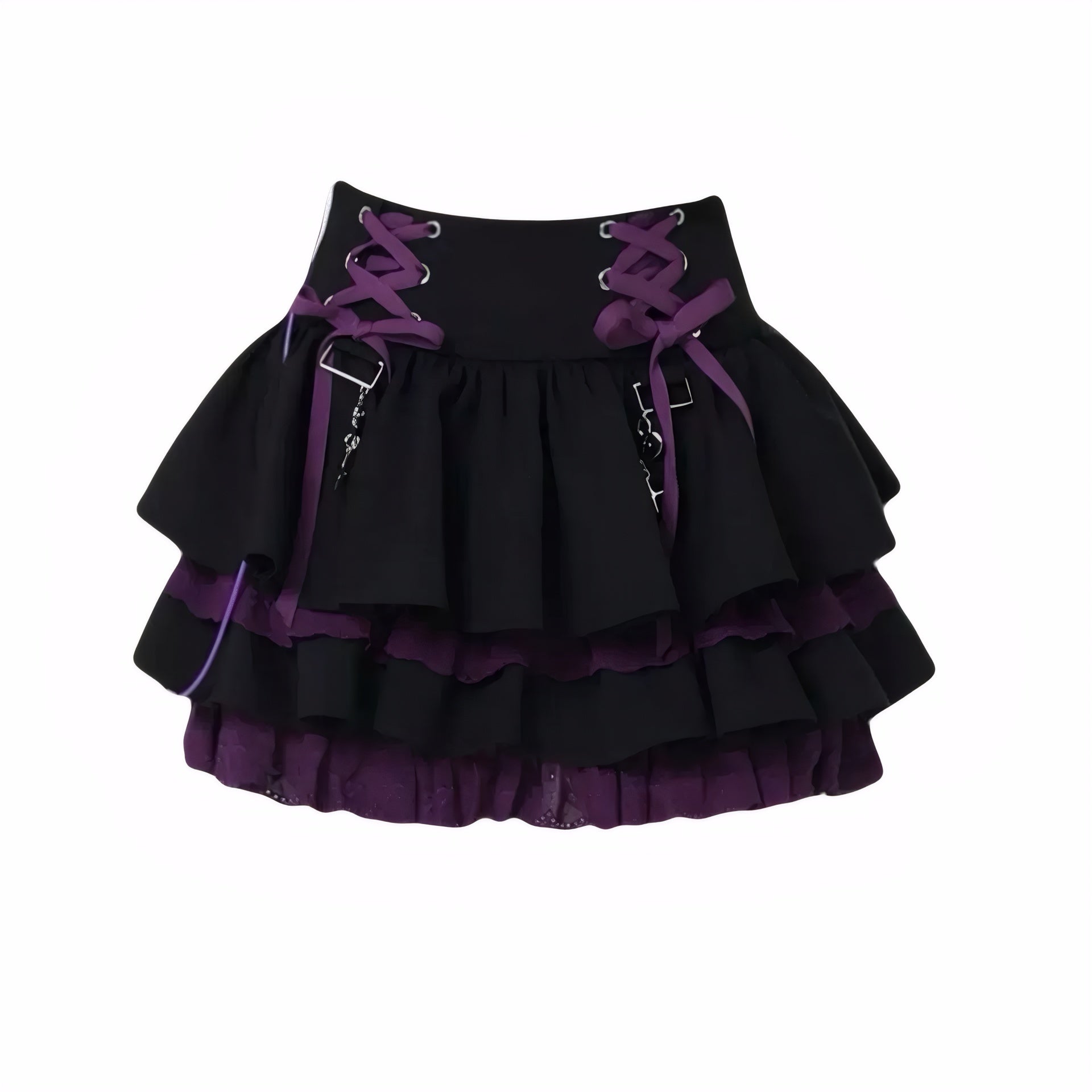 Close-up of purple lace trim and buckle straps on tiered skirt