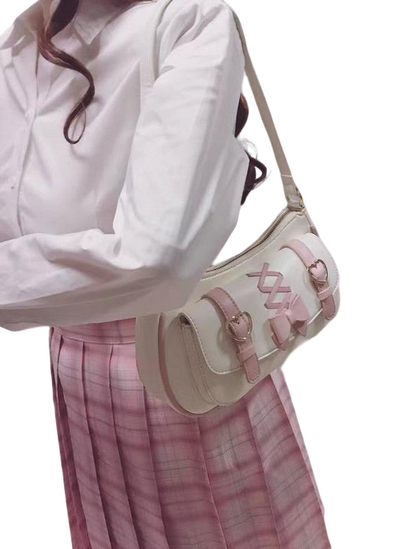 Kawaii Lolita Heart Buckle Shoulder Bag with Bow PU Leather Corset Lace Handbag for Ladies