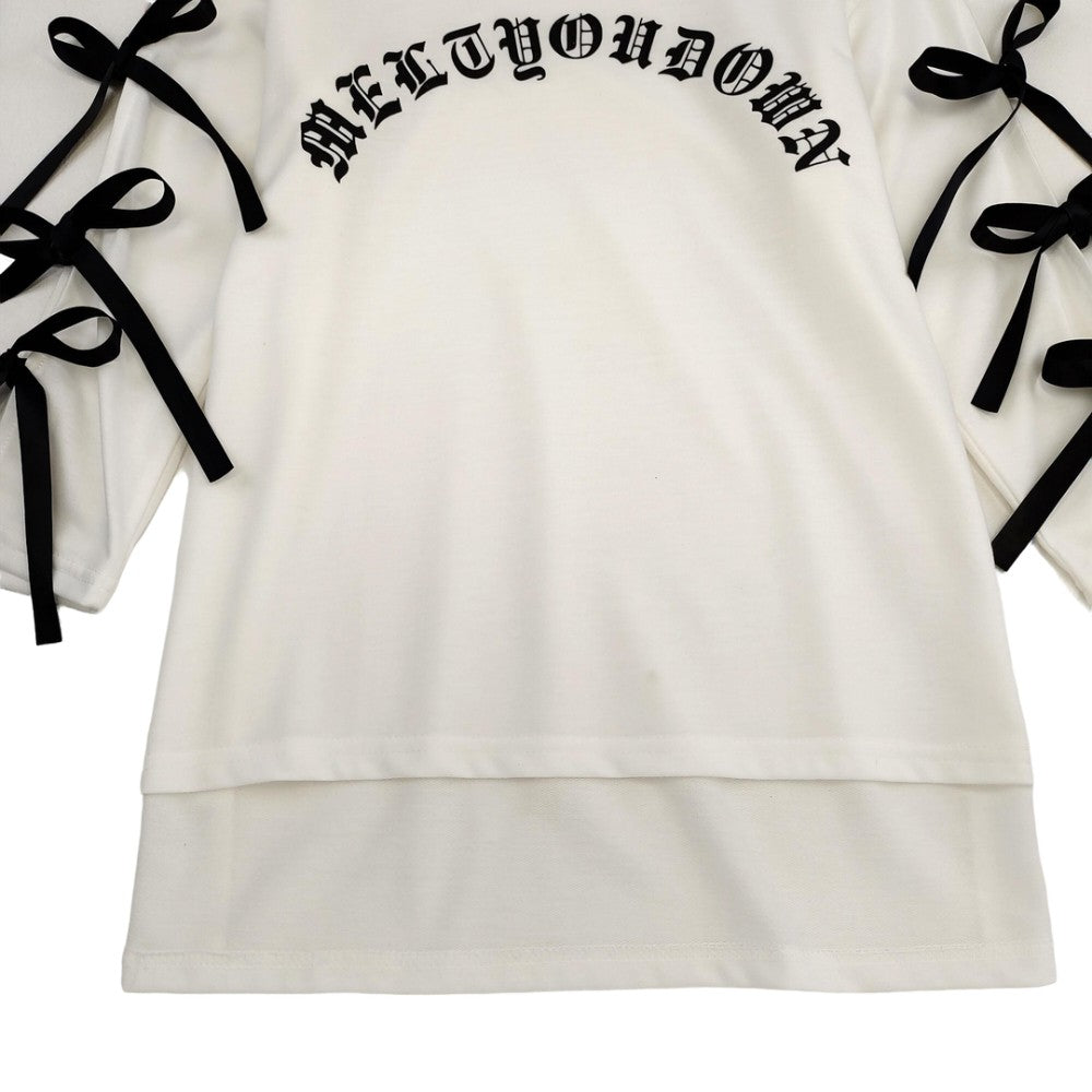 Kawaii Harajuku style white shirt with black bows and lettering