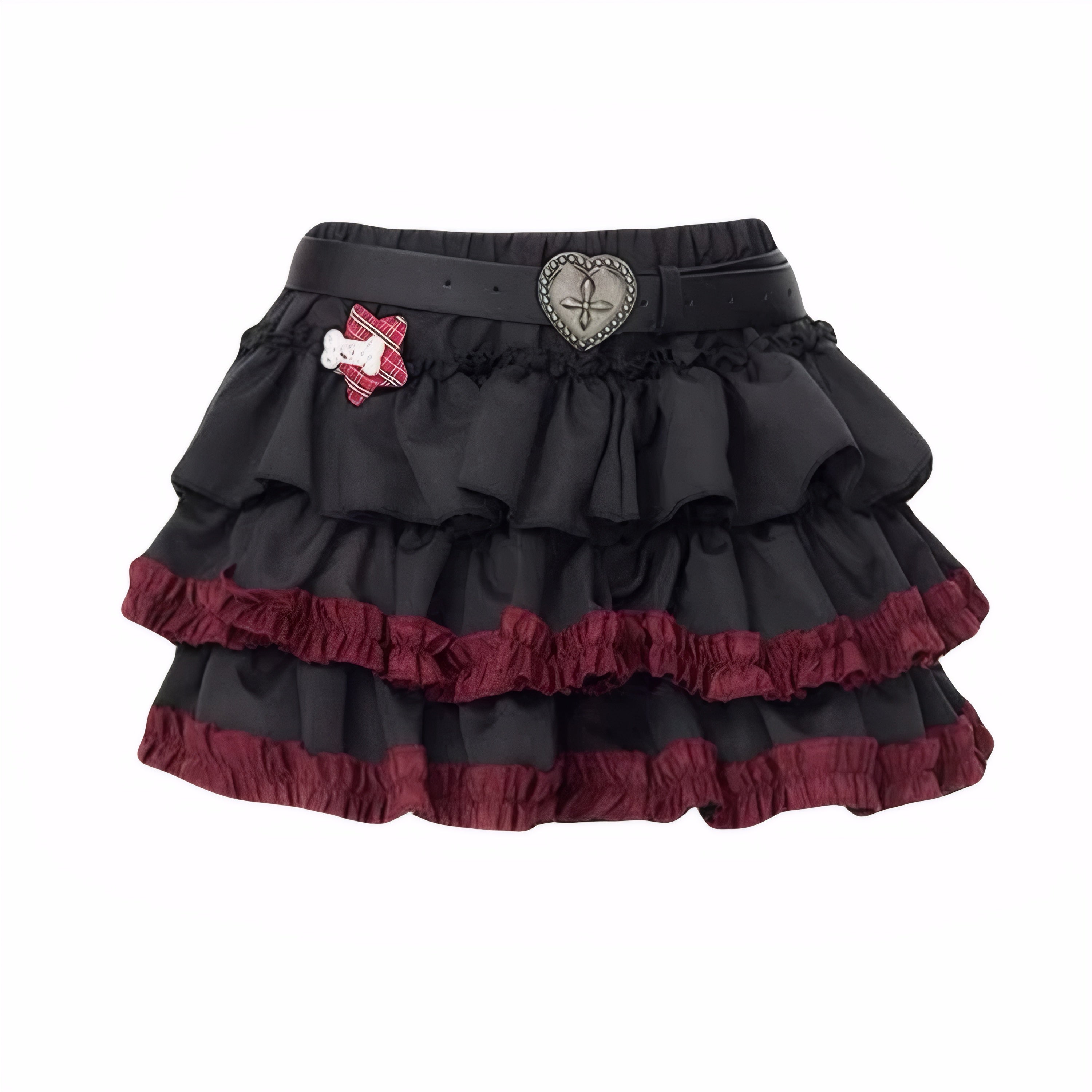 Black and red gothic ruffle mini skirt with heart-shaped belt and bear patch