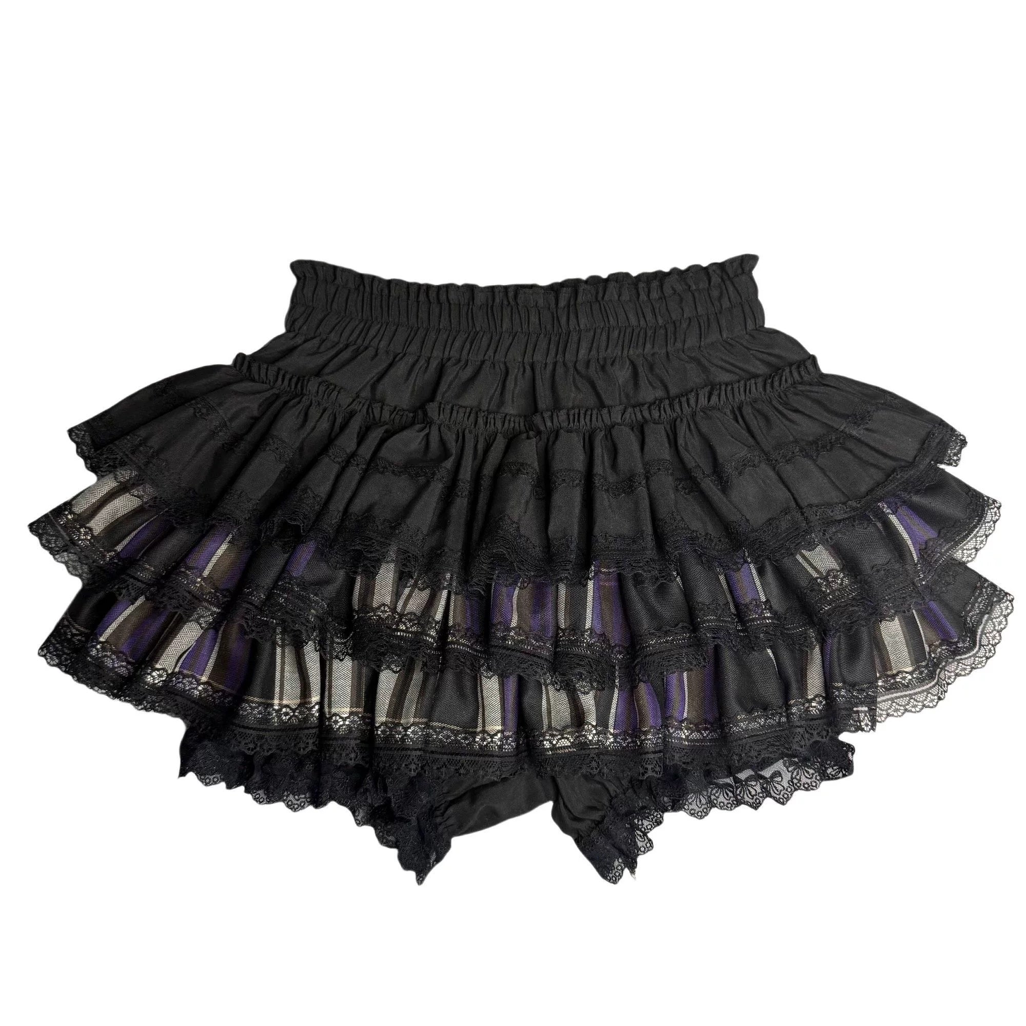 Purple plaid gothic ruffle skort with high waist and lace edges