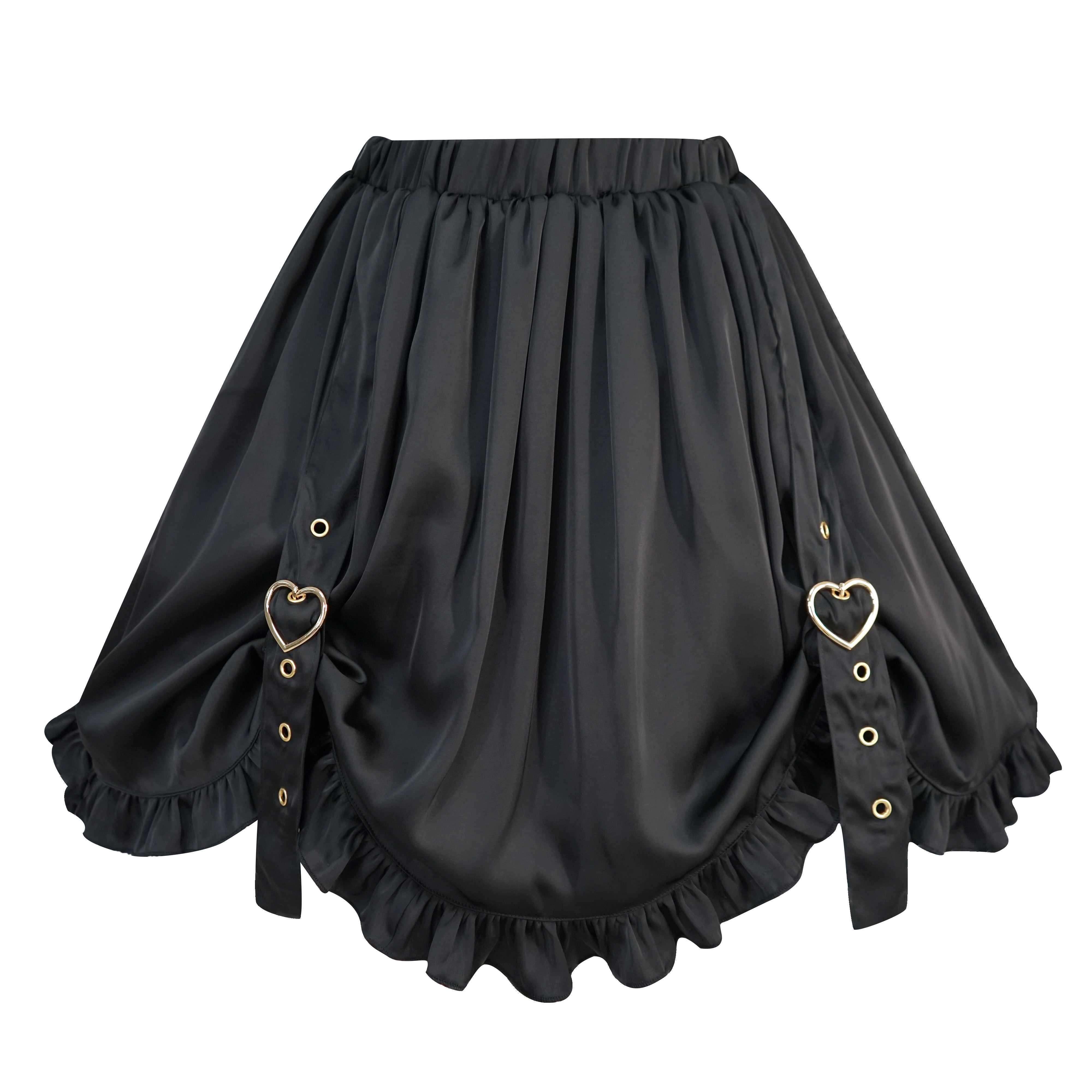 Black Gothic Lolita mini skirt with heart buckles pastel goth clothes, ruffle hem skirt punk