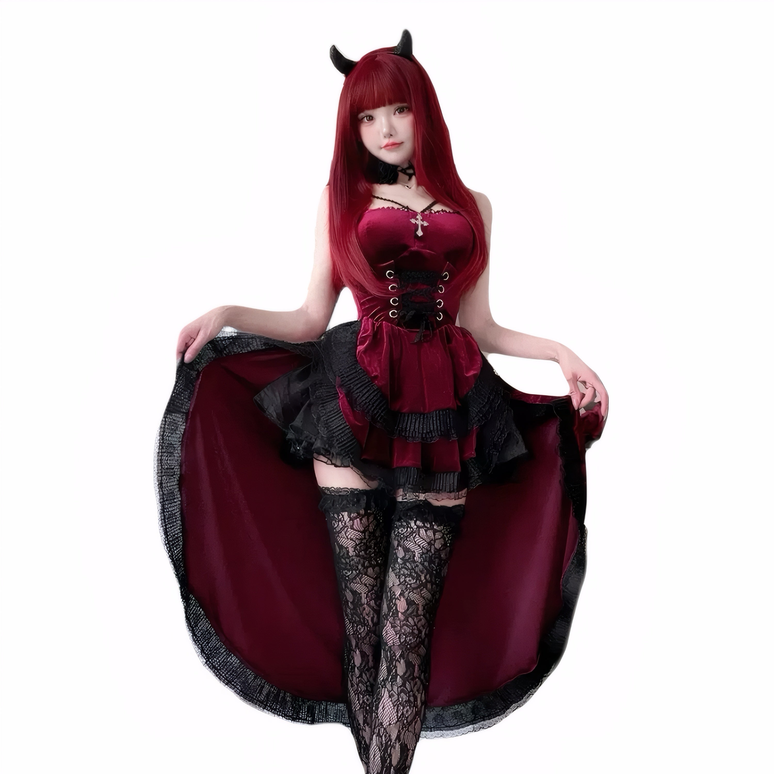 Red gothic vampire dress with horns and lace train, Halloween cosplay for women.