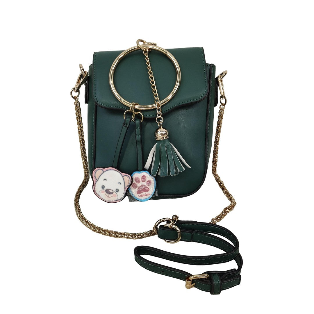 Women’s Small Crossbody Bag Green PU Leather Shoulder Purse with Gold Ring Handle & Tassel Charm
