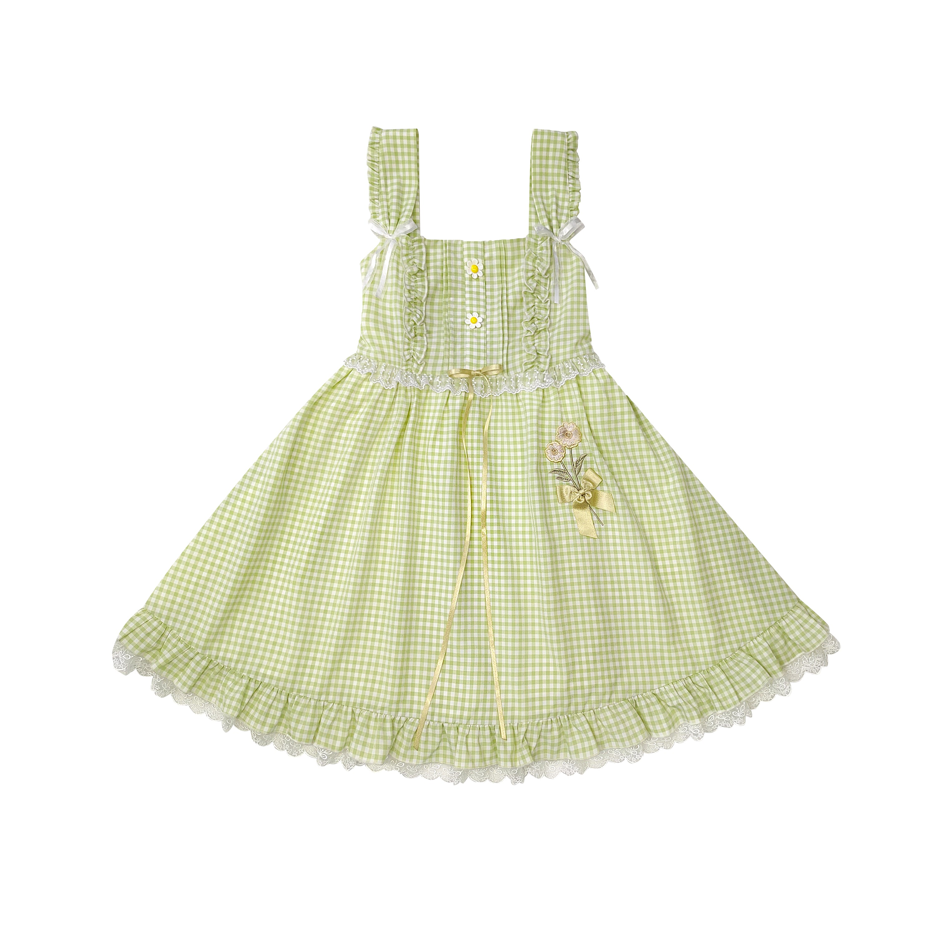 Sweet green gingham Lolita dress with ruffles, bow and floral embroidery cottagecore lolita dress