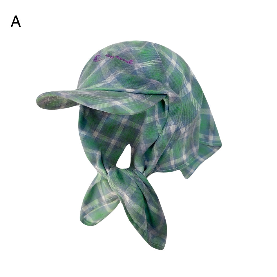 Green plaid baseball cap with back scarf tie, Y2K streetwear style