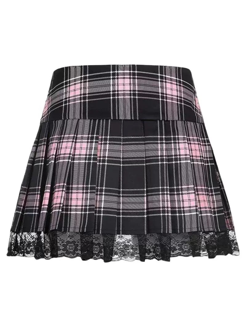 Harajuku Gothic Lace Trim Plaid Pleated Skirt with Side Lace-Up High Waist Punk JK Mini Skirt