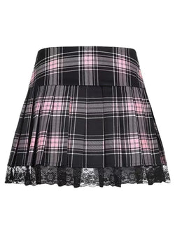 Harajuku Gothic Lace Trim Plaid Pleated Skirt with Side Lace-Up High Waist Punk JK Mini Skirt