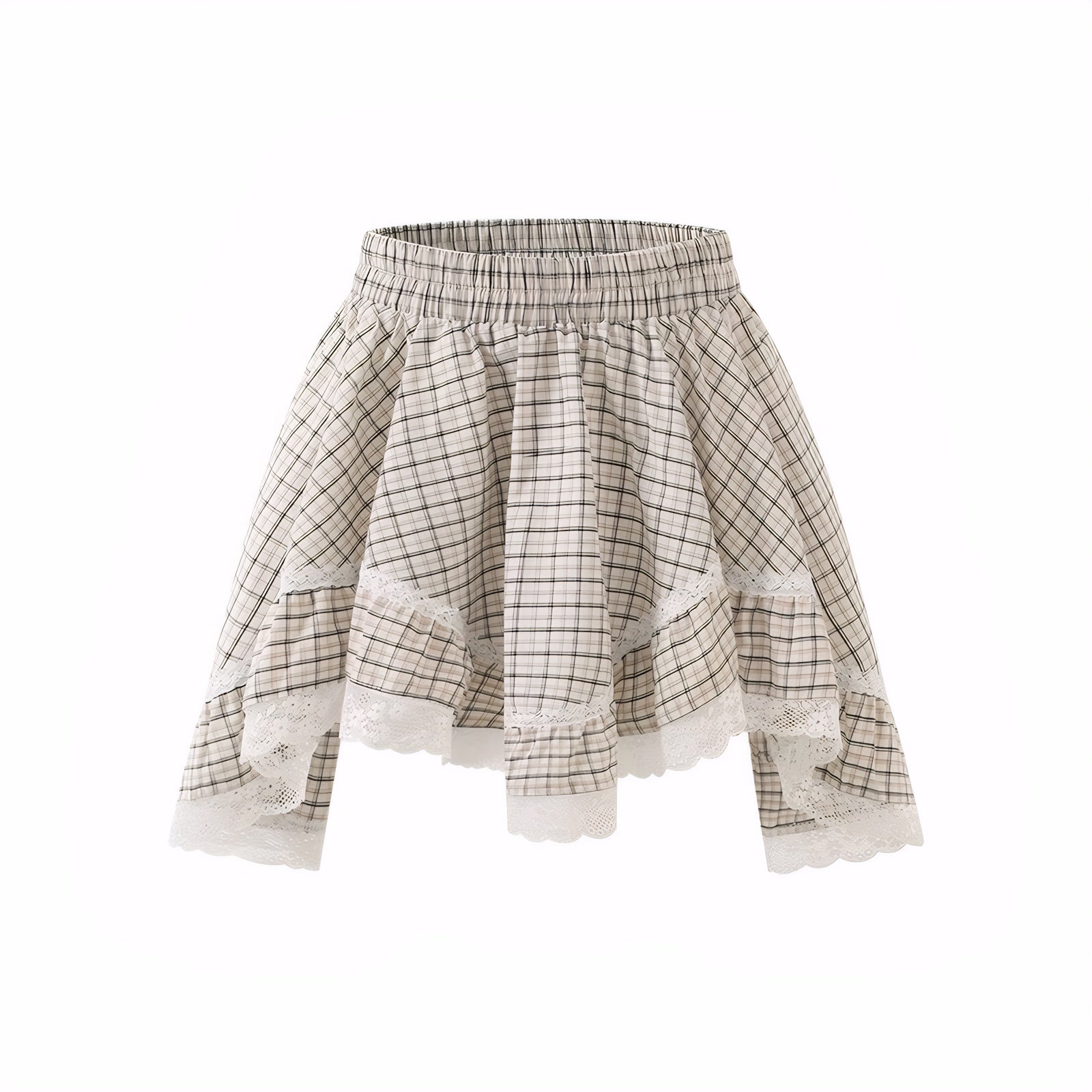 Cream plaid A-line skirt with inner shorts and white lace trim