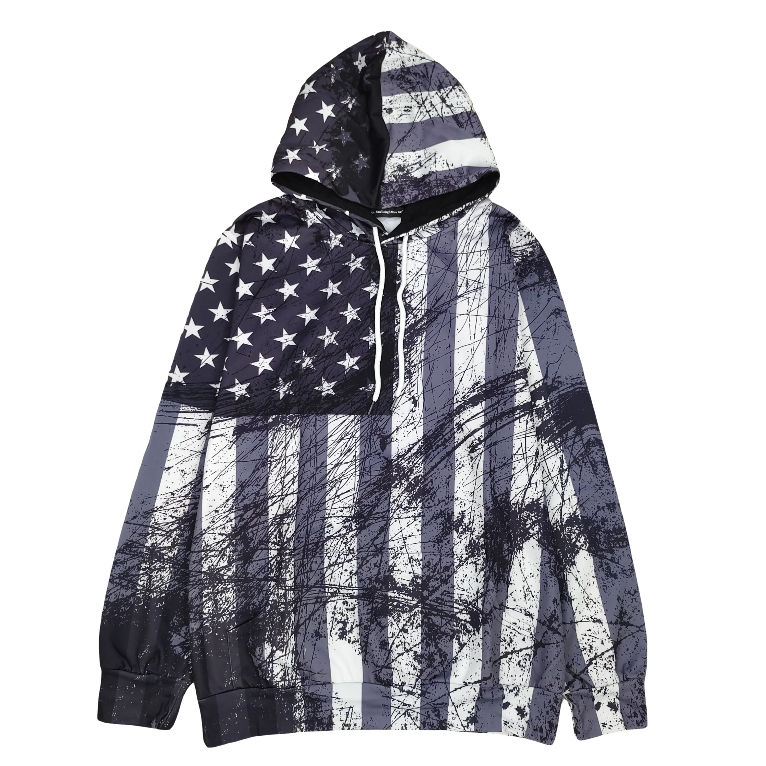 Grunge-style unisex hoodie with distressed American flag print and drawstring hood, front and back views with cotton lining