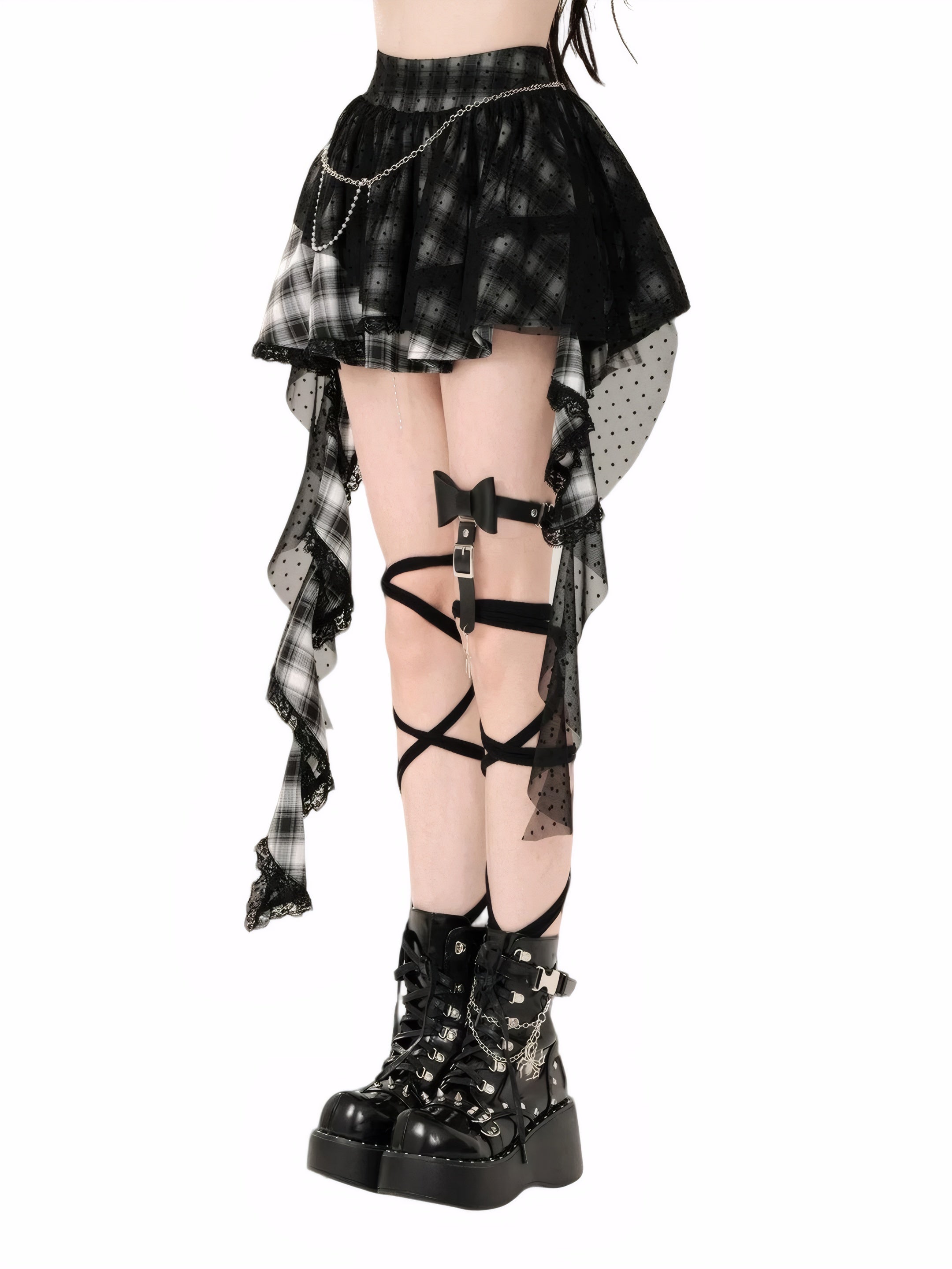 Gothic Mesh Plaid Layered Mini Skirt with Irregular Hem and Chain Punk Fairycore Summer Skirt