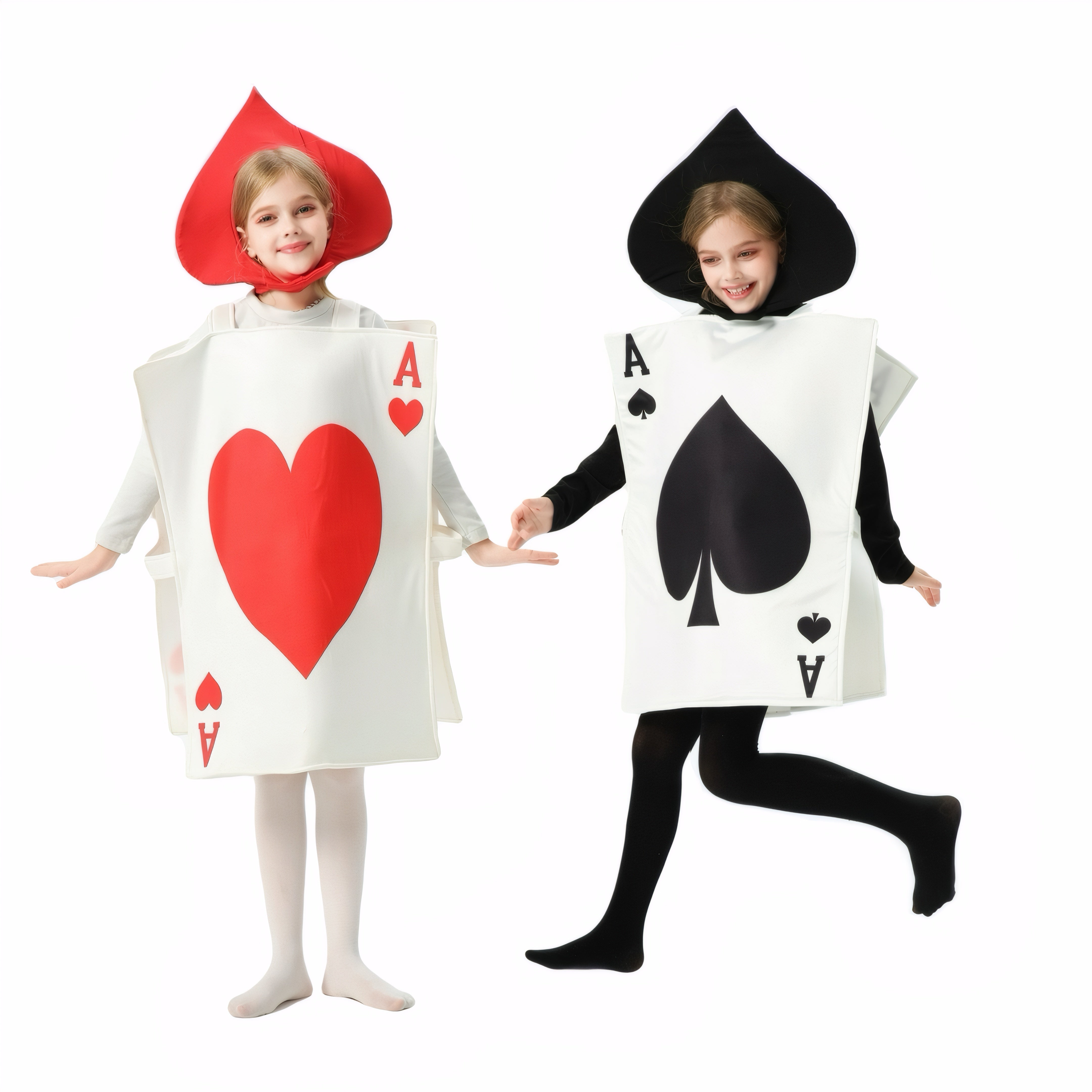 Parent-child matching card costume set with Ace of Hearts and Ace of Spades designs, perfect for Halloween or cosplay.