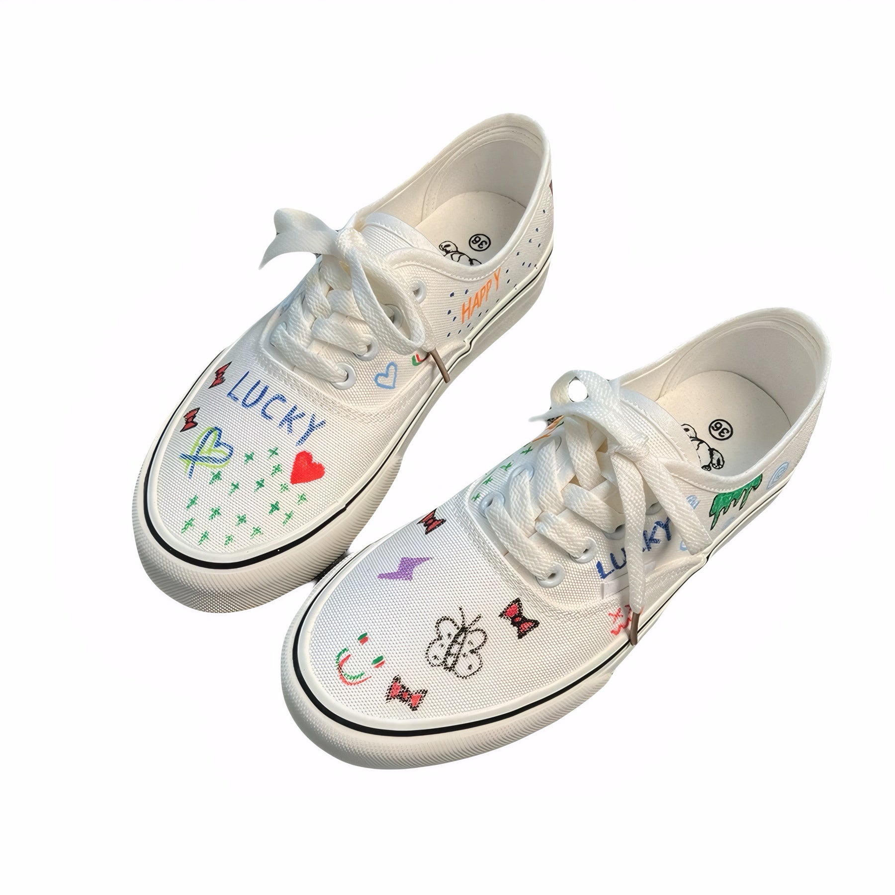 White canvas sneakers with colorful hand-drawn graffiti and cartoon doodles, casual flat shoes for women