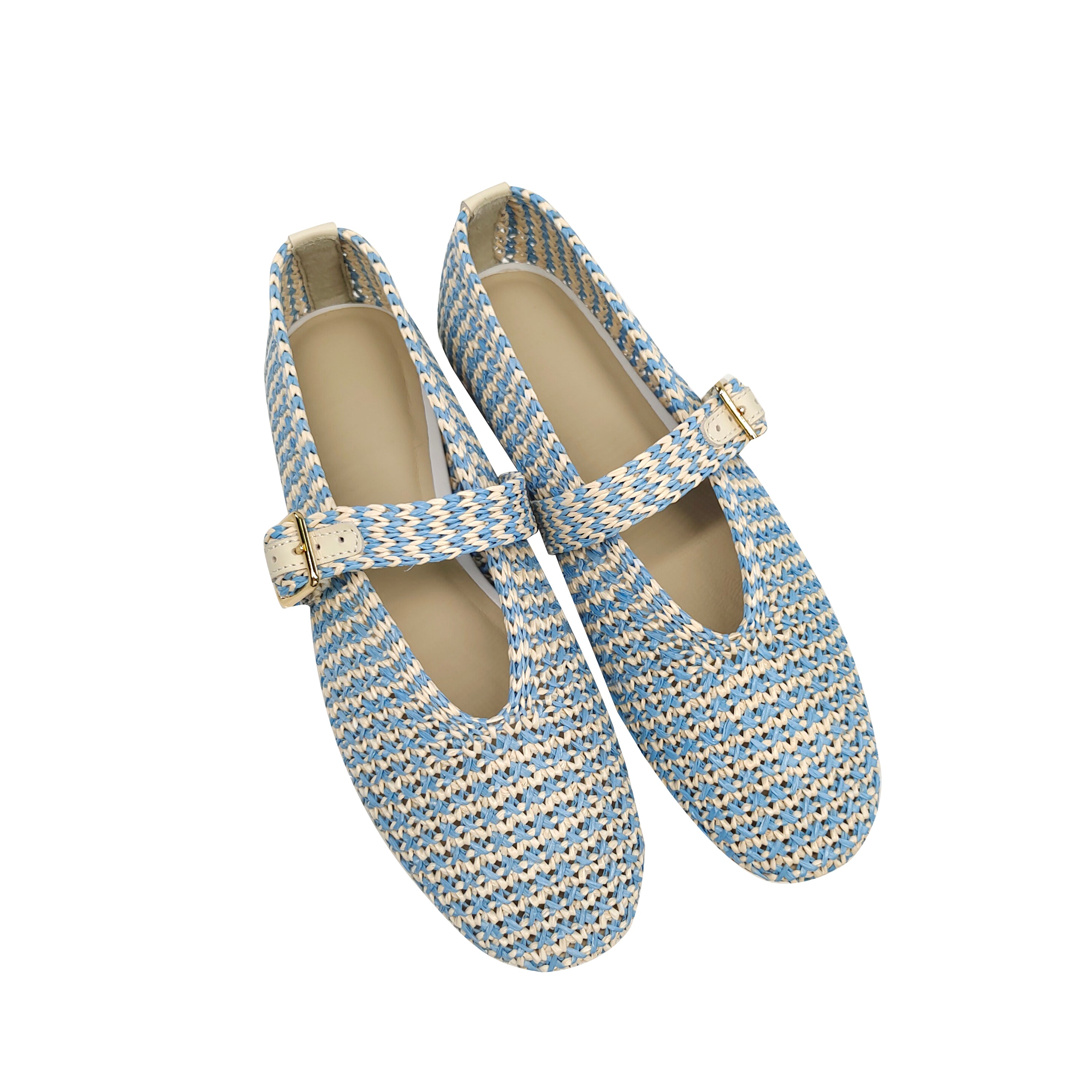 Light Blue Beige Knit Mary Jane Flats, Comfortable Handmade Shoes with Leather Heel