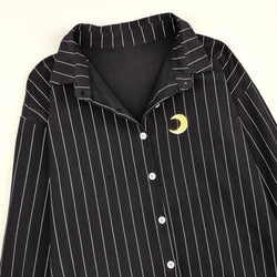 Black Striped Button Down Shirt with Moon Embroidery Harajuku Aesthetic Long Sleeve Blouse Casual Cute Vintage Top