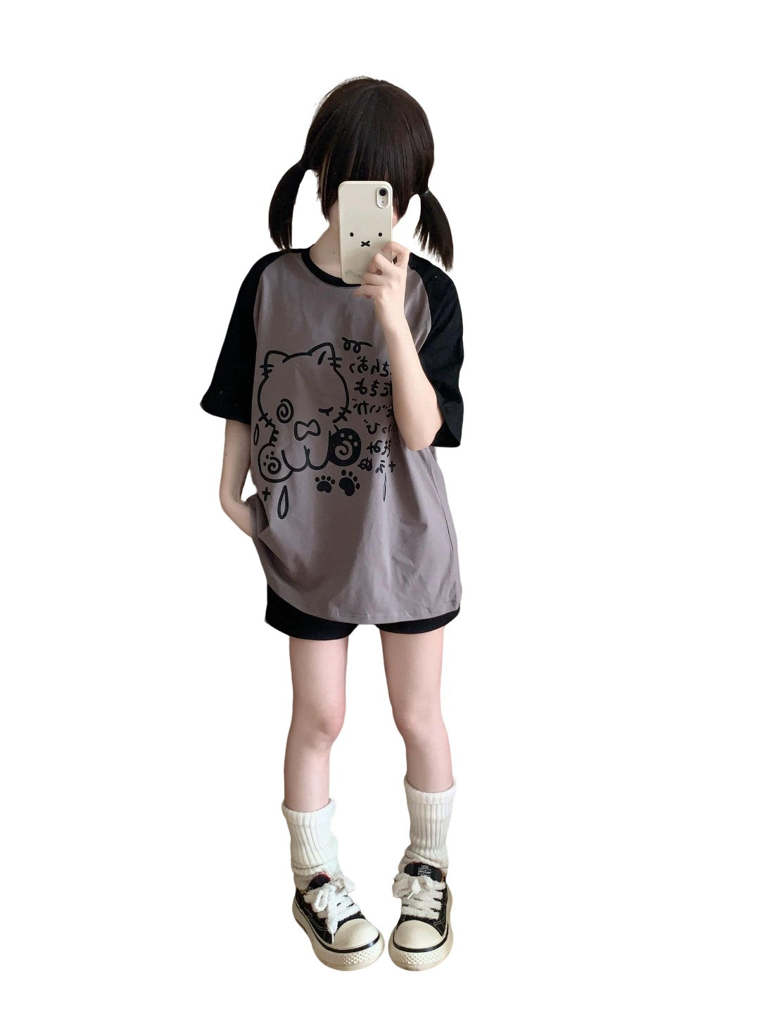 Front and back of kawaii cat cotton tee with teardrop graphics