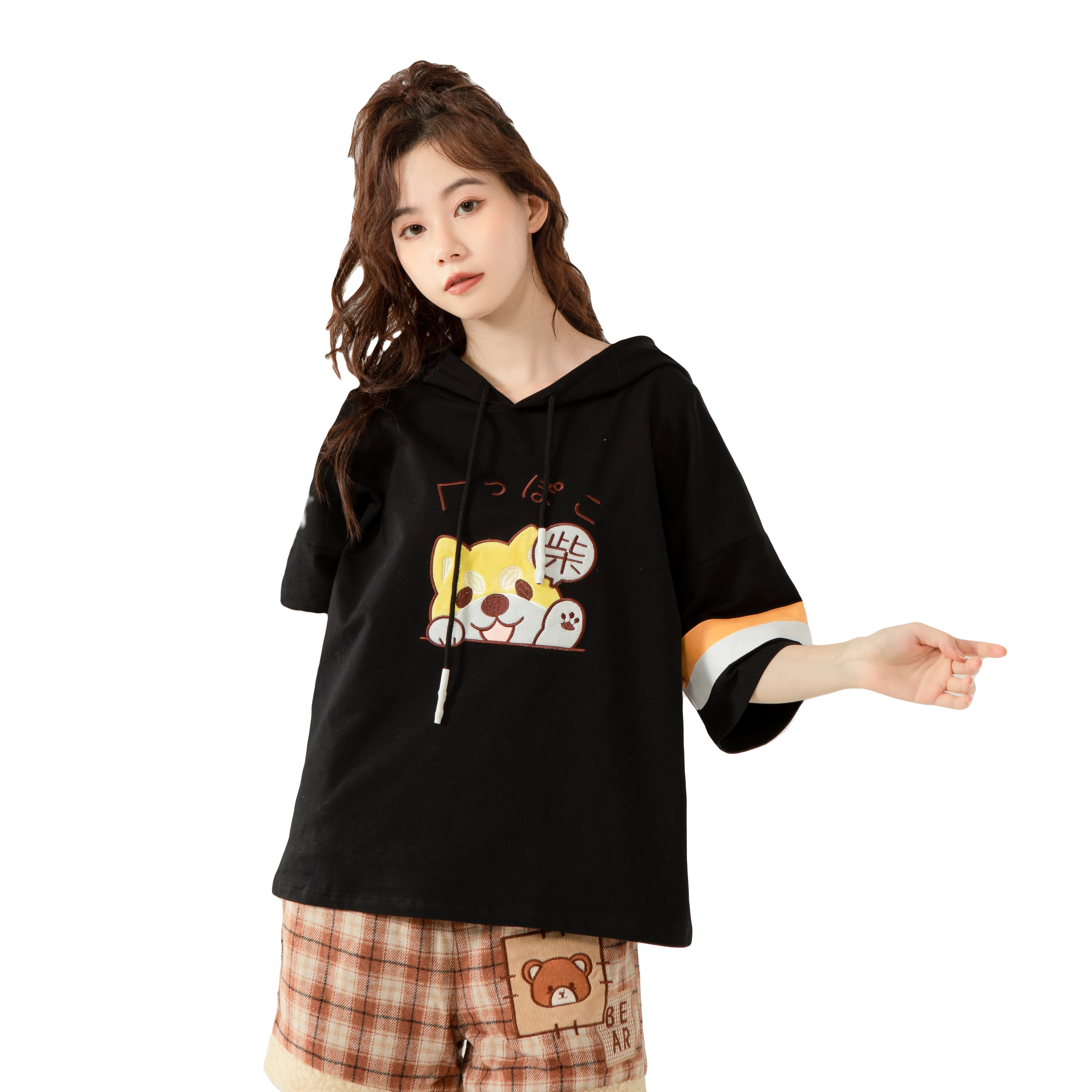 Kawaii Shiba Inu Hoodie T-Shirt Cute Puppy Embroidered Hooded Tee with Dog Ear Hat