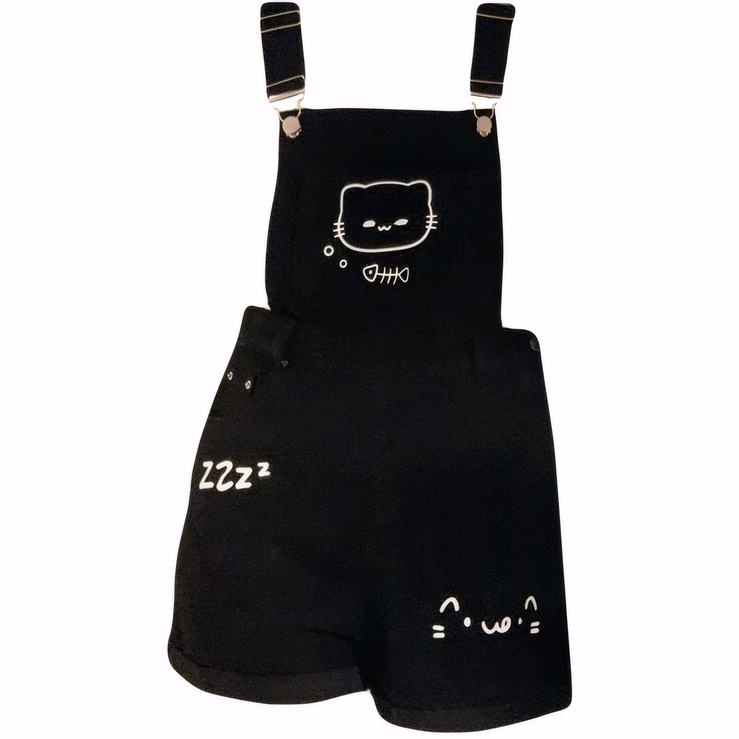 cartoon denim suspender shorts, cute dungaree shorts, harajuku fashion, aesthetic shorts romper, kawaii casual outfit, cat face shorts
