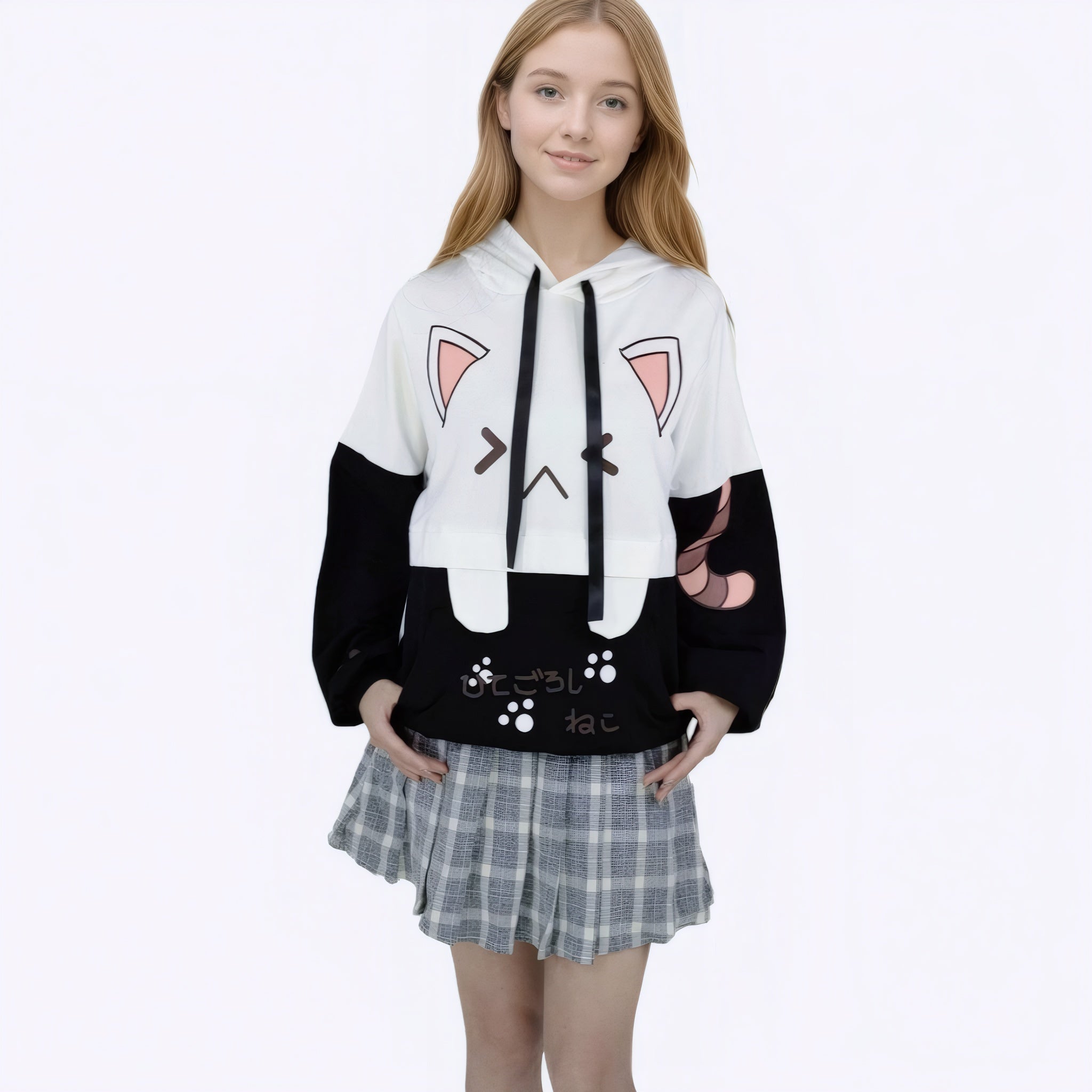 Kawaii Cat Ears Hoodie for Girls Japanese Cartoon Pullover with Paw & Tail Print