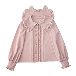 Soft pink cat ear blouse with pearl buttons and frills Ruched Top , Ruffled Hem Sleeve Cuffs , Sailor Collar with Cat Ears Elegant Pretty Button Down Shirts
