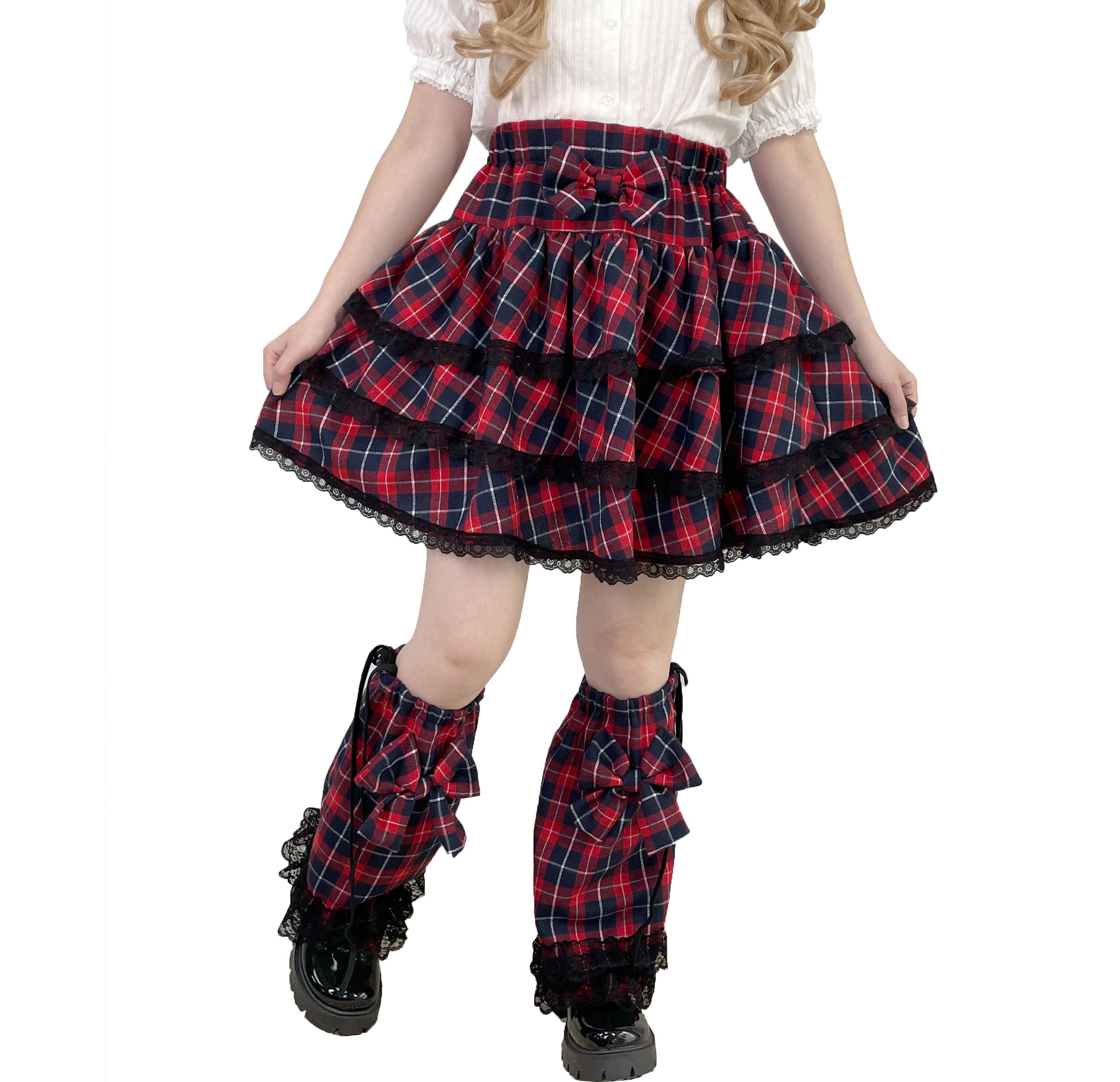 Kawaii red plaid layered Punk Lolita skirt with matching bow leg warmers, lace trim and ruffle details