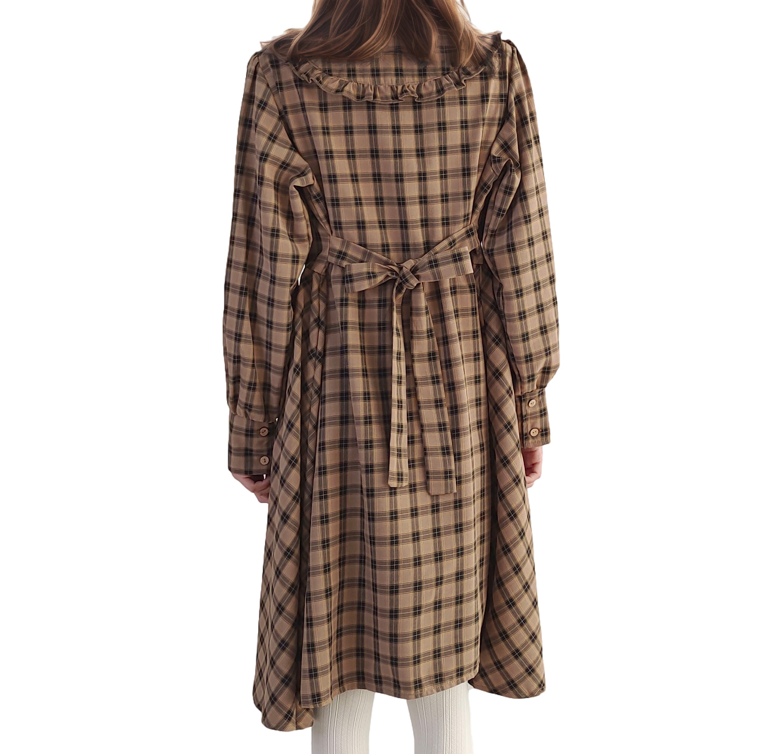 Vintage Plaid Long Sleeve Dress with Peter Pan Collar Ruffle Trim Midi Vintage Plaid Long Sleeve Dress with Peter Pan Collar Ruffle Trim Midi